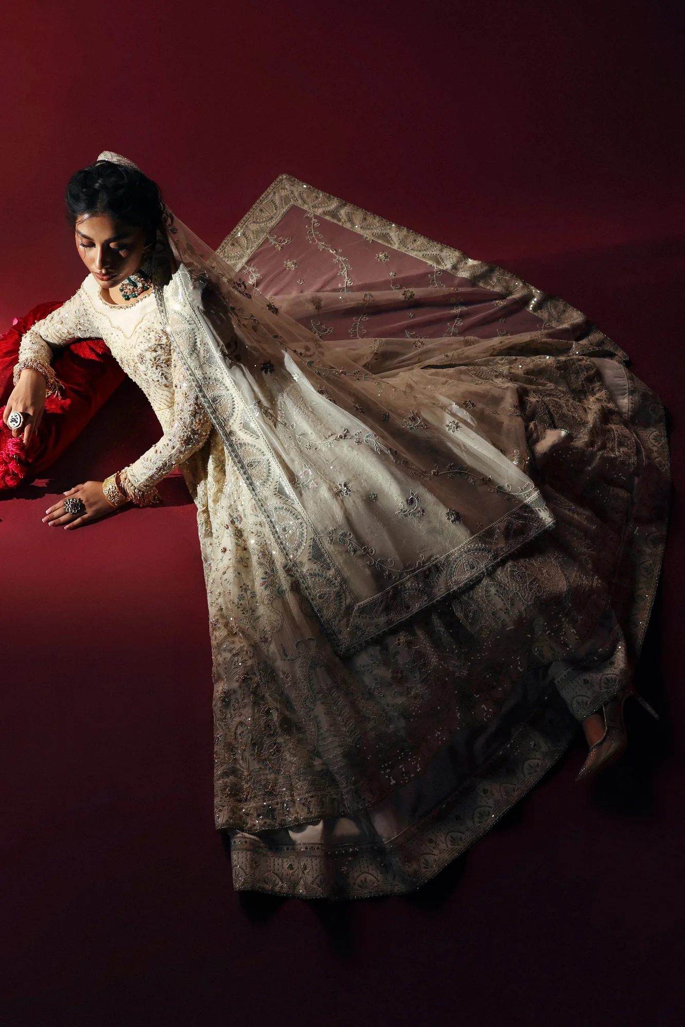 Silver formal outfit with crinkled silk frock and sheer net dupatta – view 5 – Poshaq