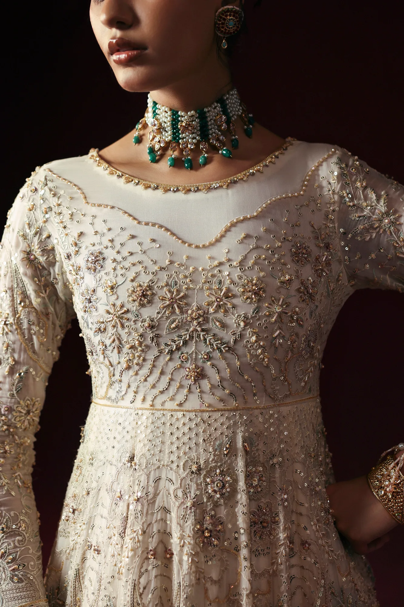 Silver formal outfit with crinkled silk frock and sheer net dupatta – view 6 – Poshaq