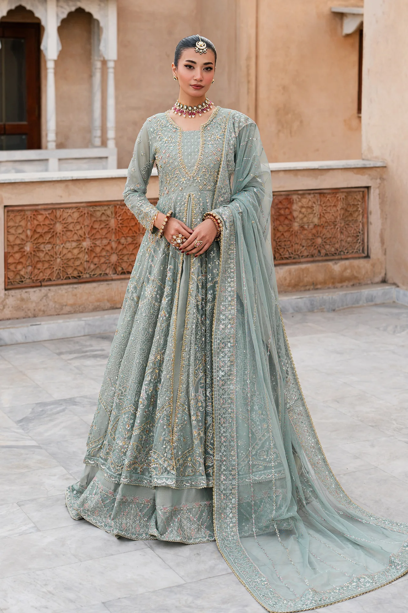 raw silk formal suit with embroidered sleeves and net maxi skirt – view 1 – Poshaq