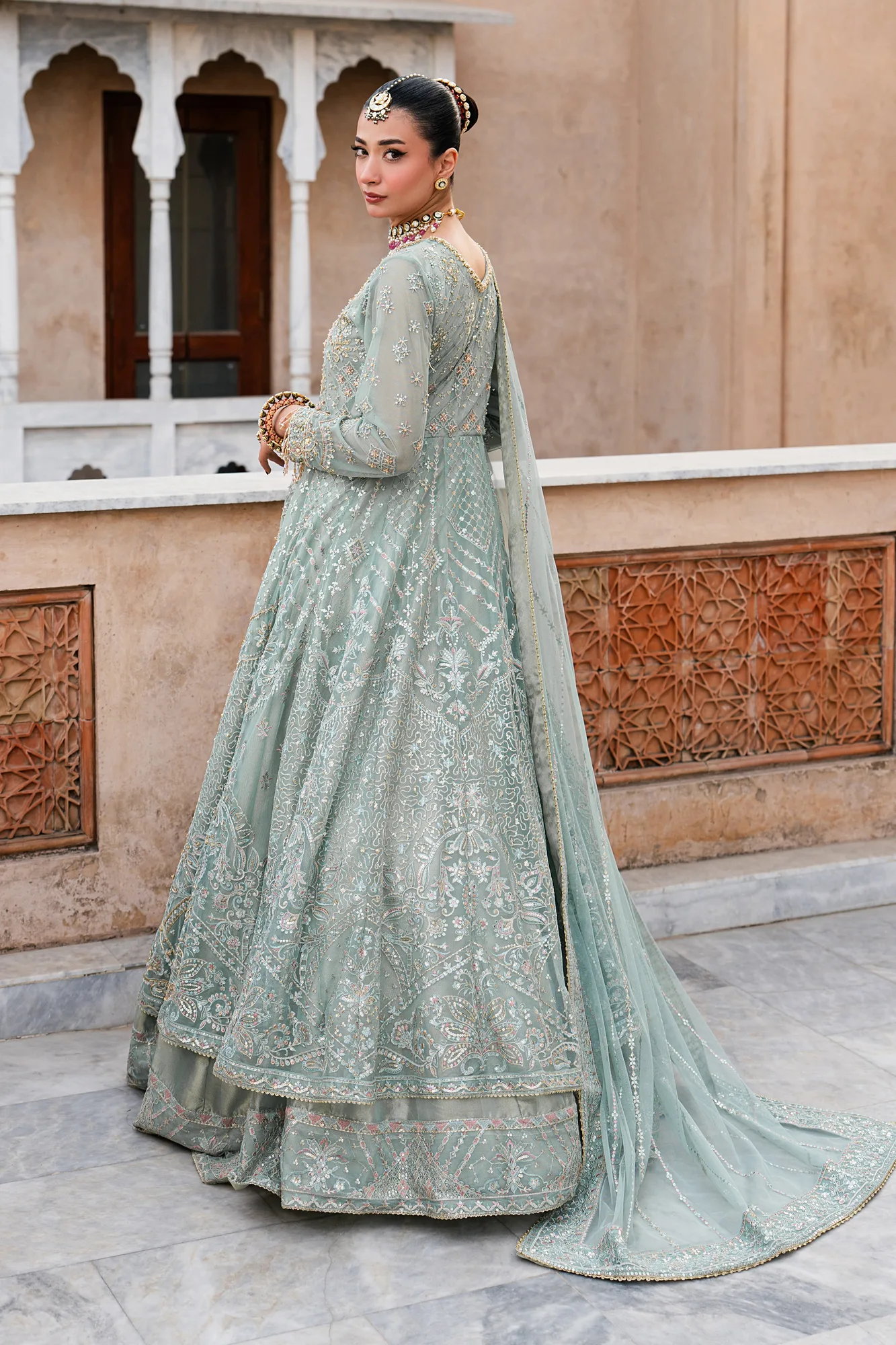 raw silk formal suit with embroidered sleeves and net maxi skirt – view 2 – Poshaq