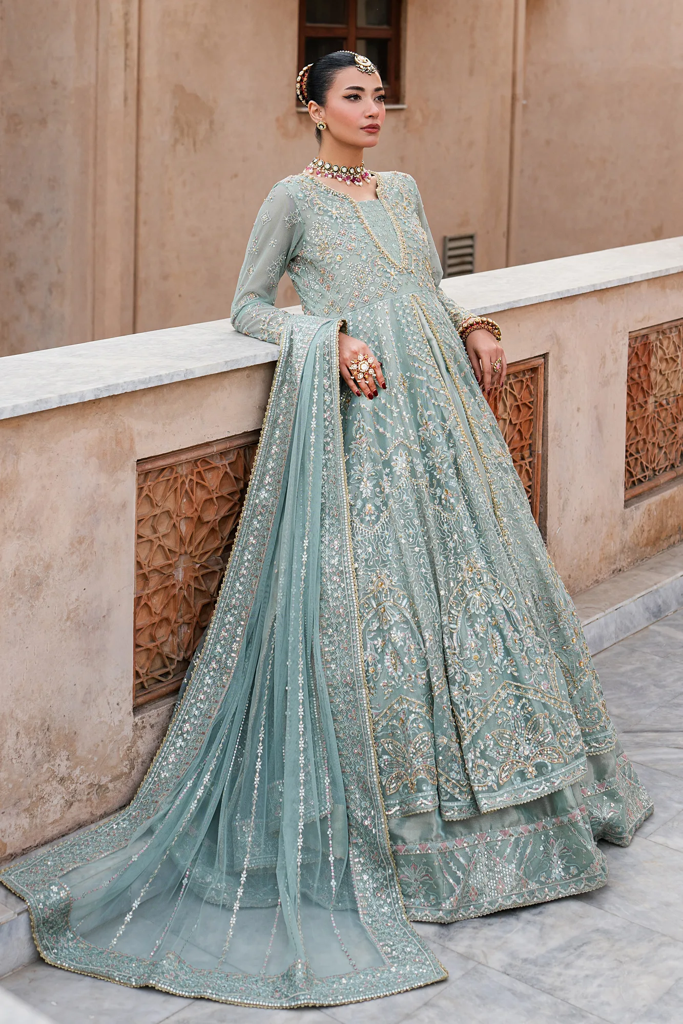 raw silk formal suit with embroidered sleeves and net maxi skirt – view 3 – Poshaq