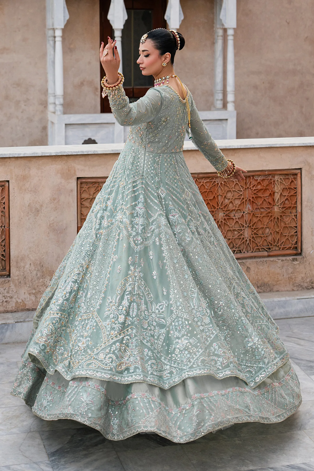 raw silk formal suit with embroidered sleeves and net maxi skirt – view 4 – Poshaq
