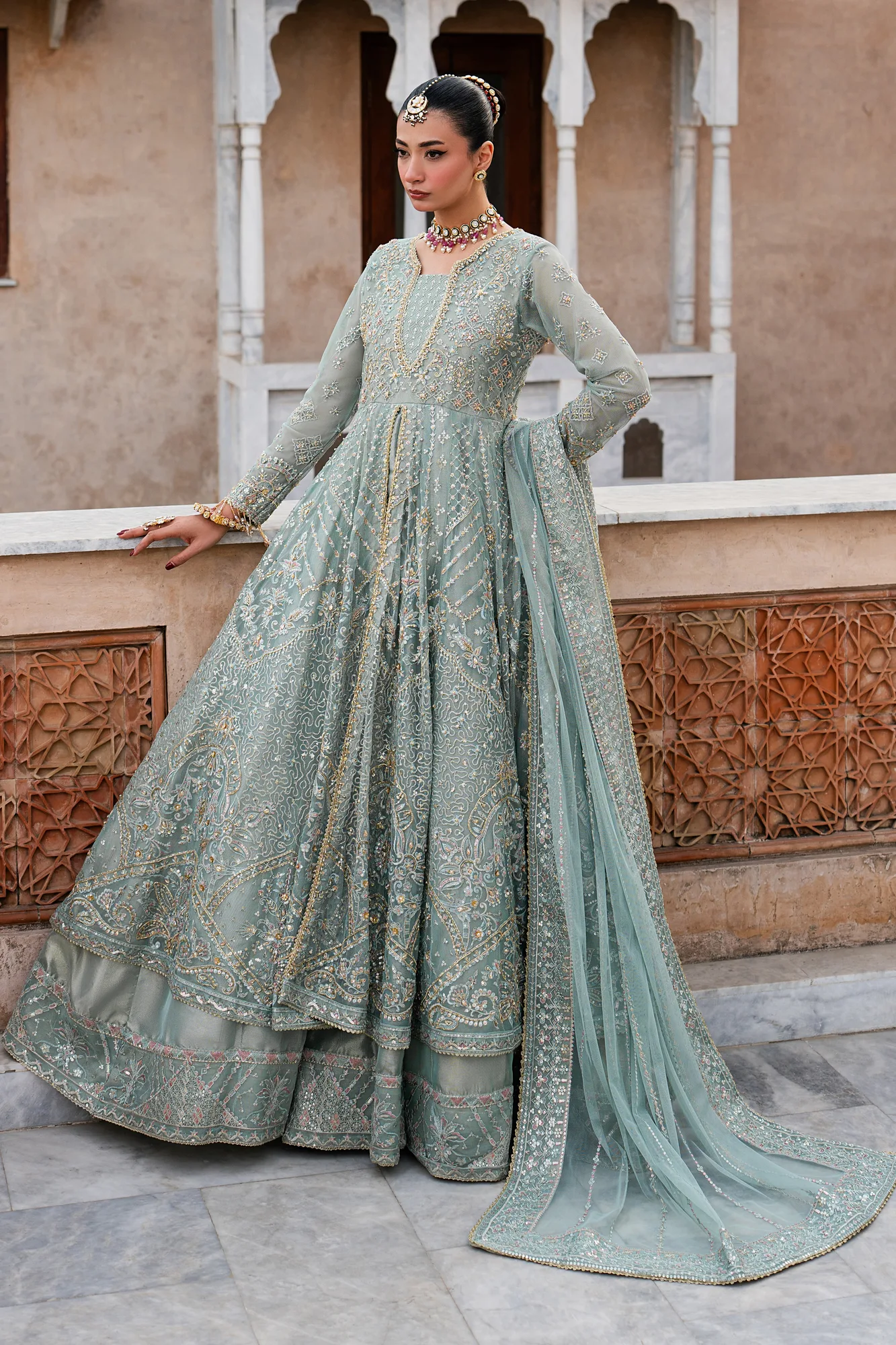 raw silk formal suit with embroidered sleeves and net maxi skirt – view 5 – Poshaq