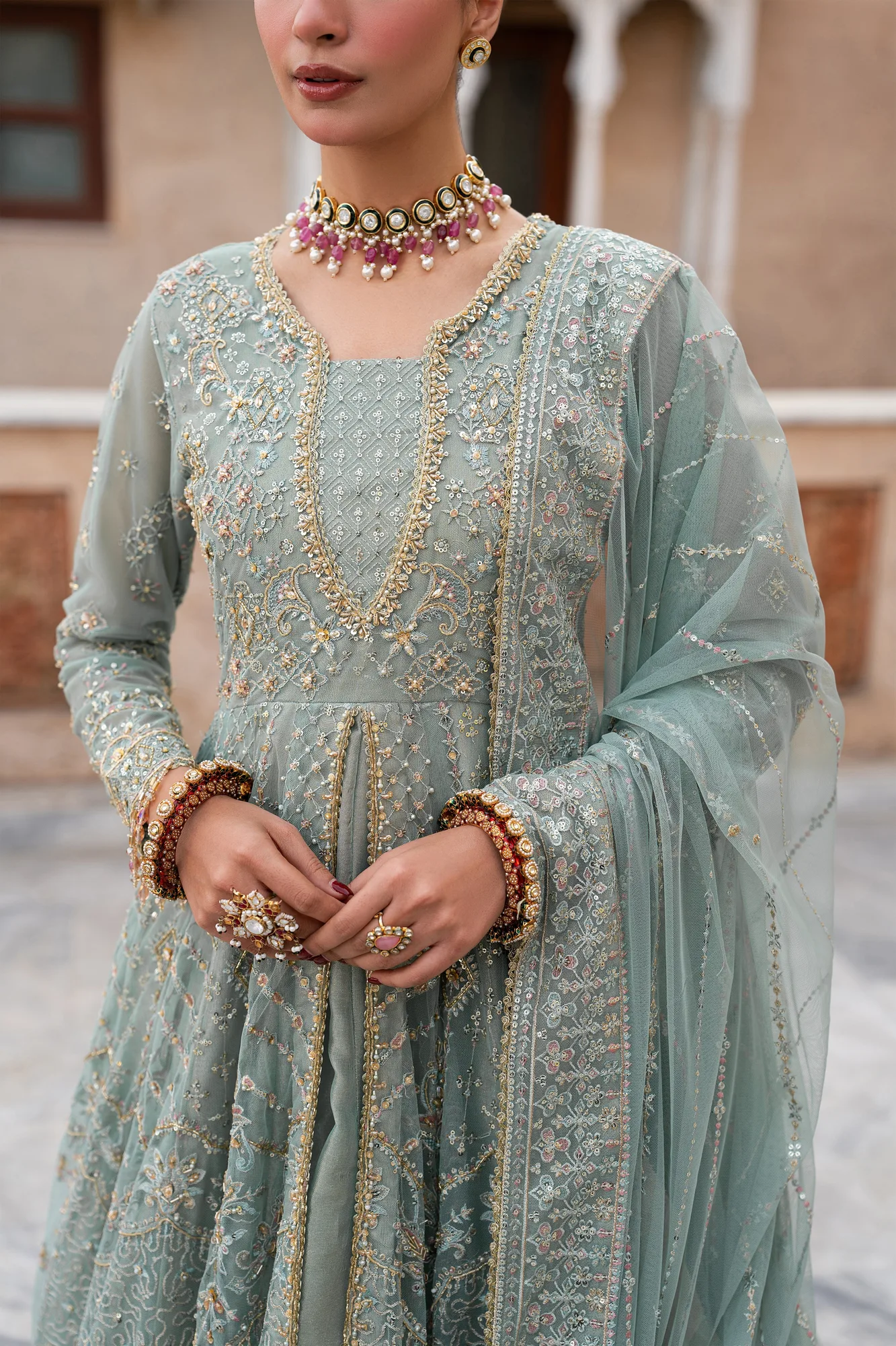 raw silk formal suit with embroidered sleeves and net maxi skirt – view 6 – Poshaq