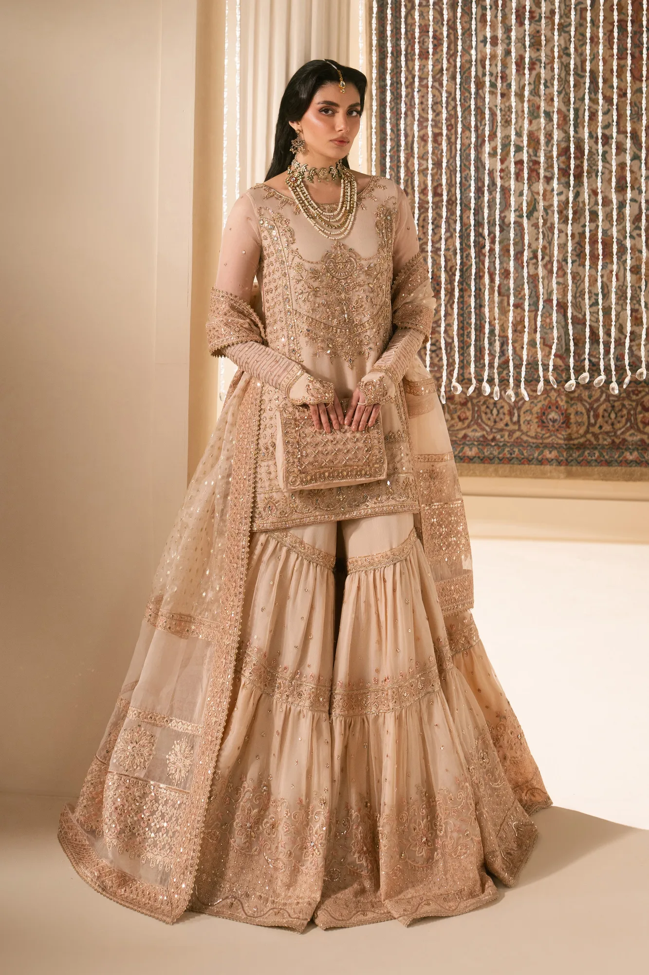 Peach organza 4‑piece formal set with shirt, garara, dupatta and pouch – view 1 – Poshaq