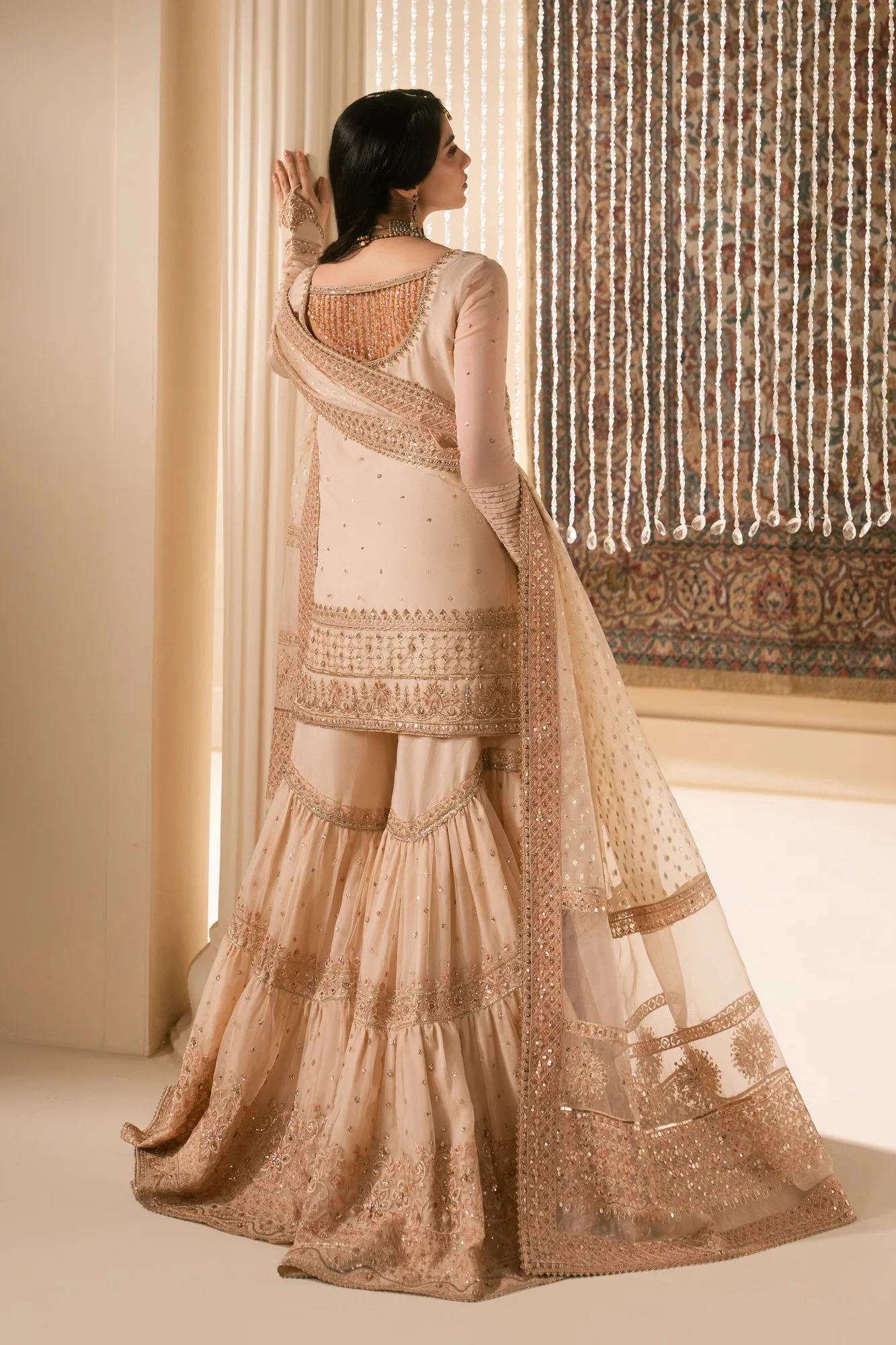 Peach organza 4‑piece formal set with shirt, garara, dupatta and pouch – view 2 – Poshaq