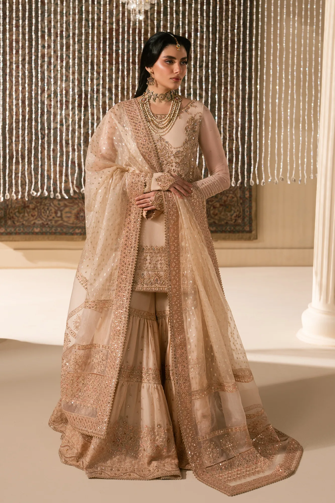 Peach organza 4‑piece formal set with shirt, garara, dupatta and pouch – view 3 – Poshaq