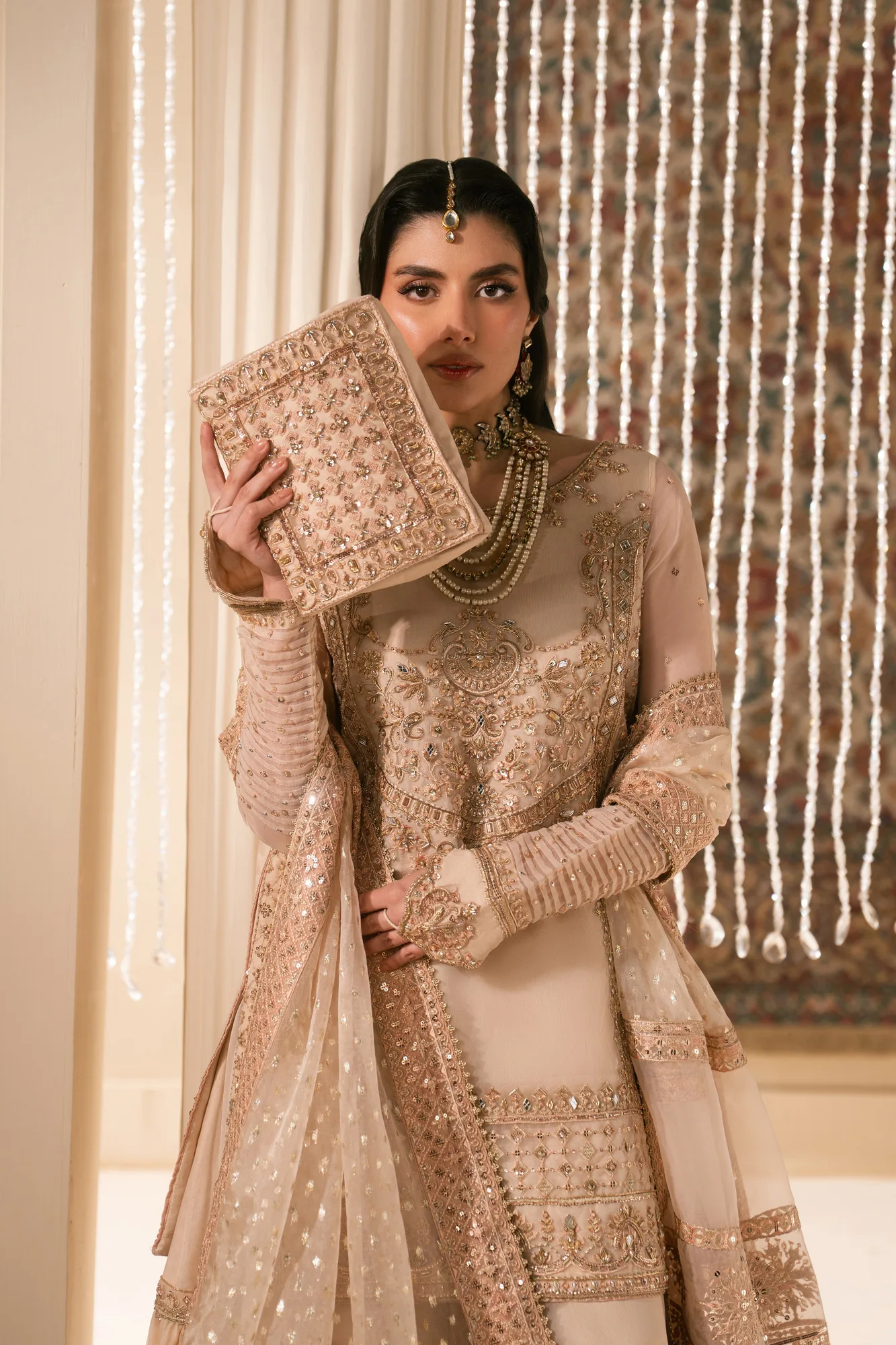 Peach organza 4‑piece formal set with shirt, garara, dupatta and pouch – view 4 – Poshaq