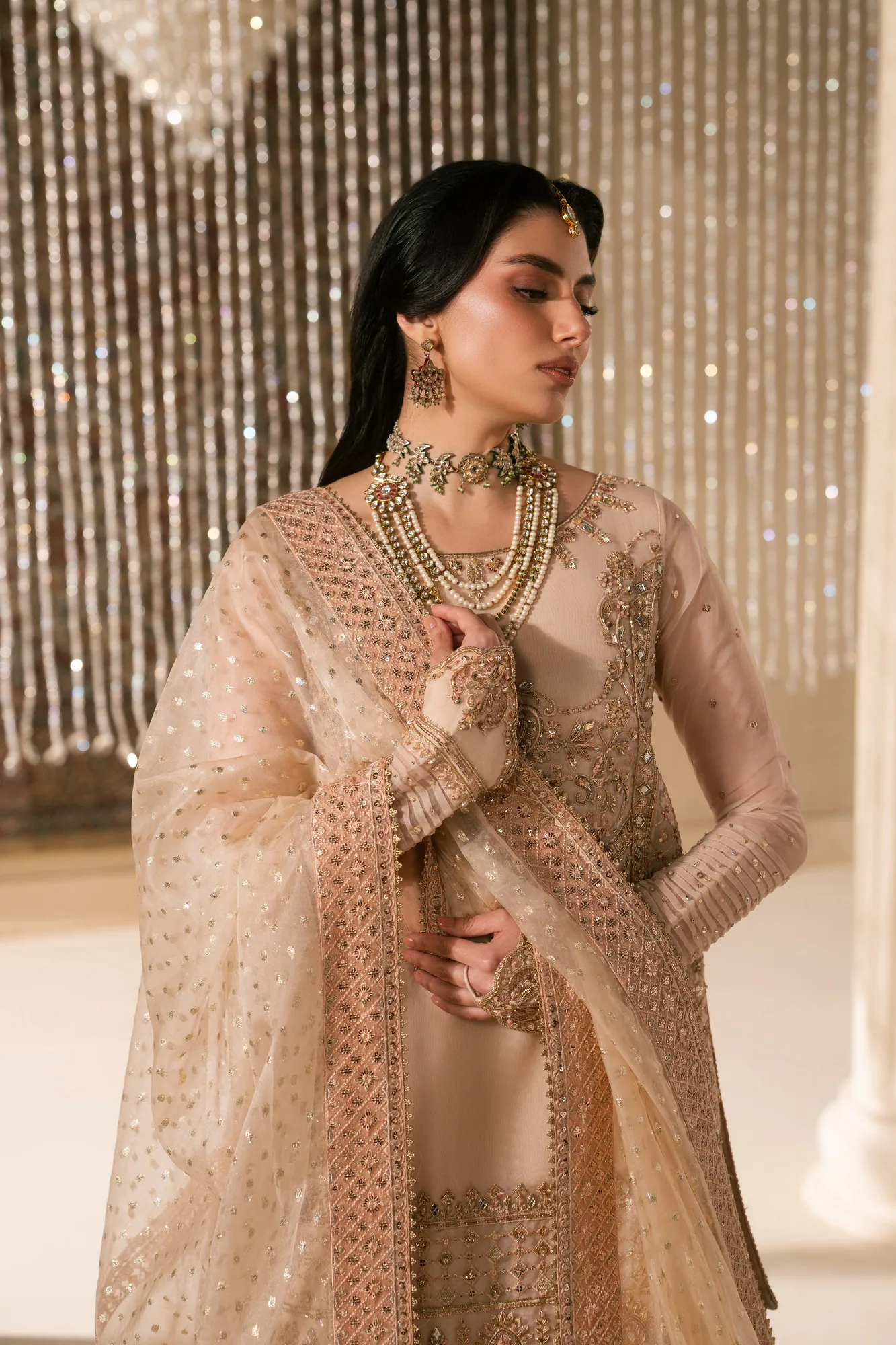 Peach organza 4‑piece formal set with shirt, garara, dupatta and pouch – view 6 – Poshaq