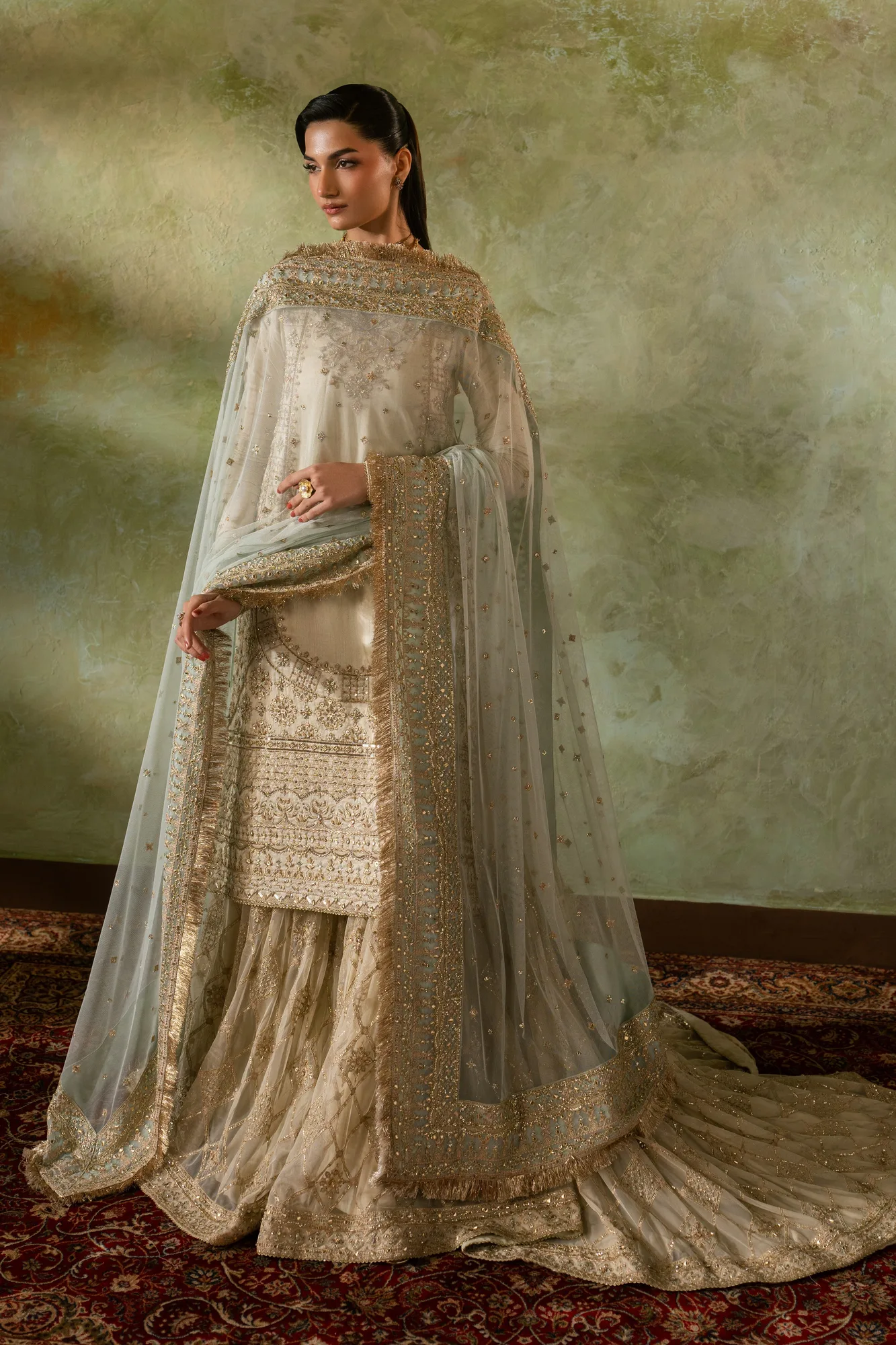 Peach formal three‑piece suit with raw silk shirt and net gharara – view 3 – Poshaq