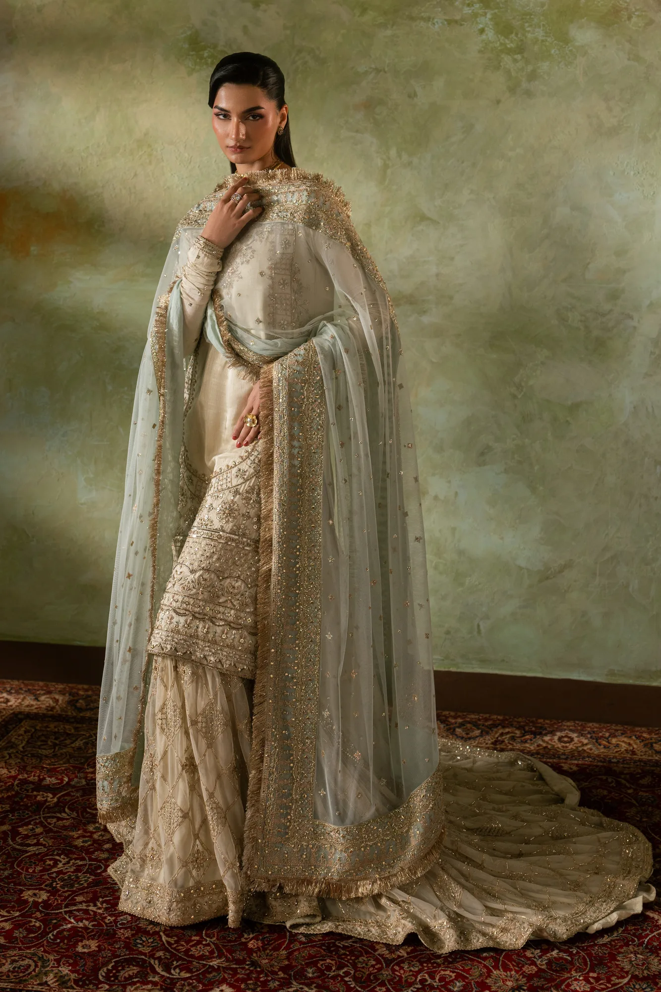 Peach formal three‑piece suit with raw silk shirt and net gharara – view 4 – Poshaq