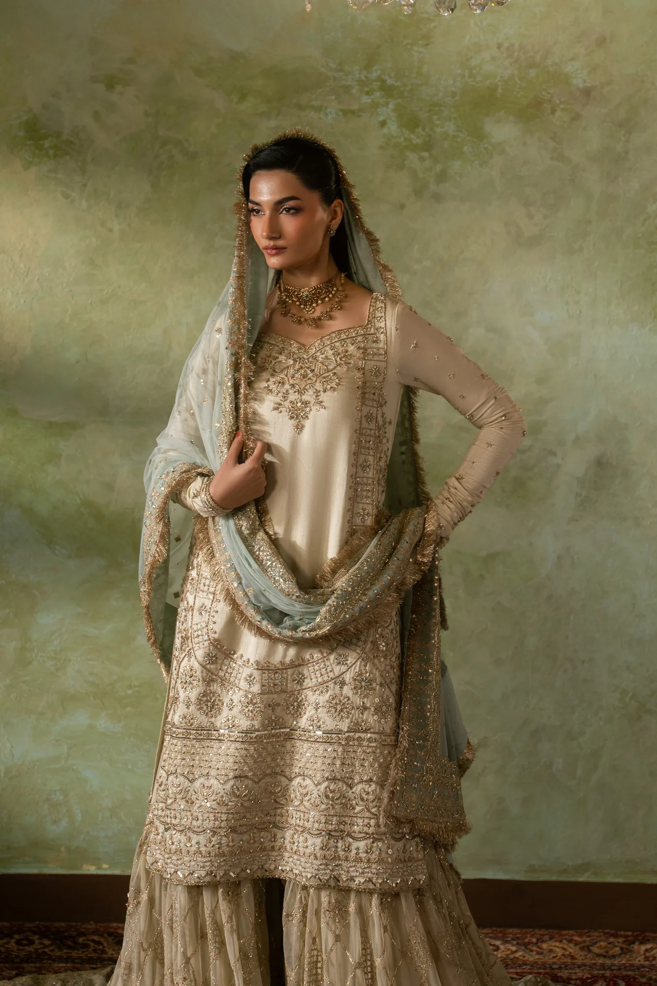 Peach formal three‑piece suit with raw silk shirt and net gharara – view 5 – Poshaq