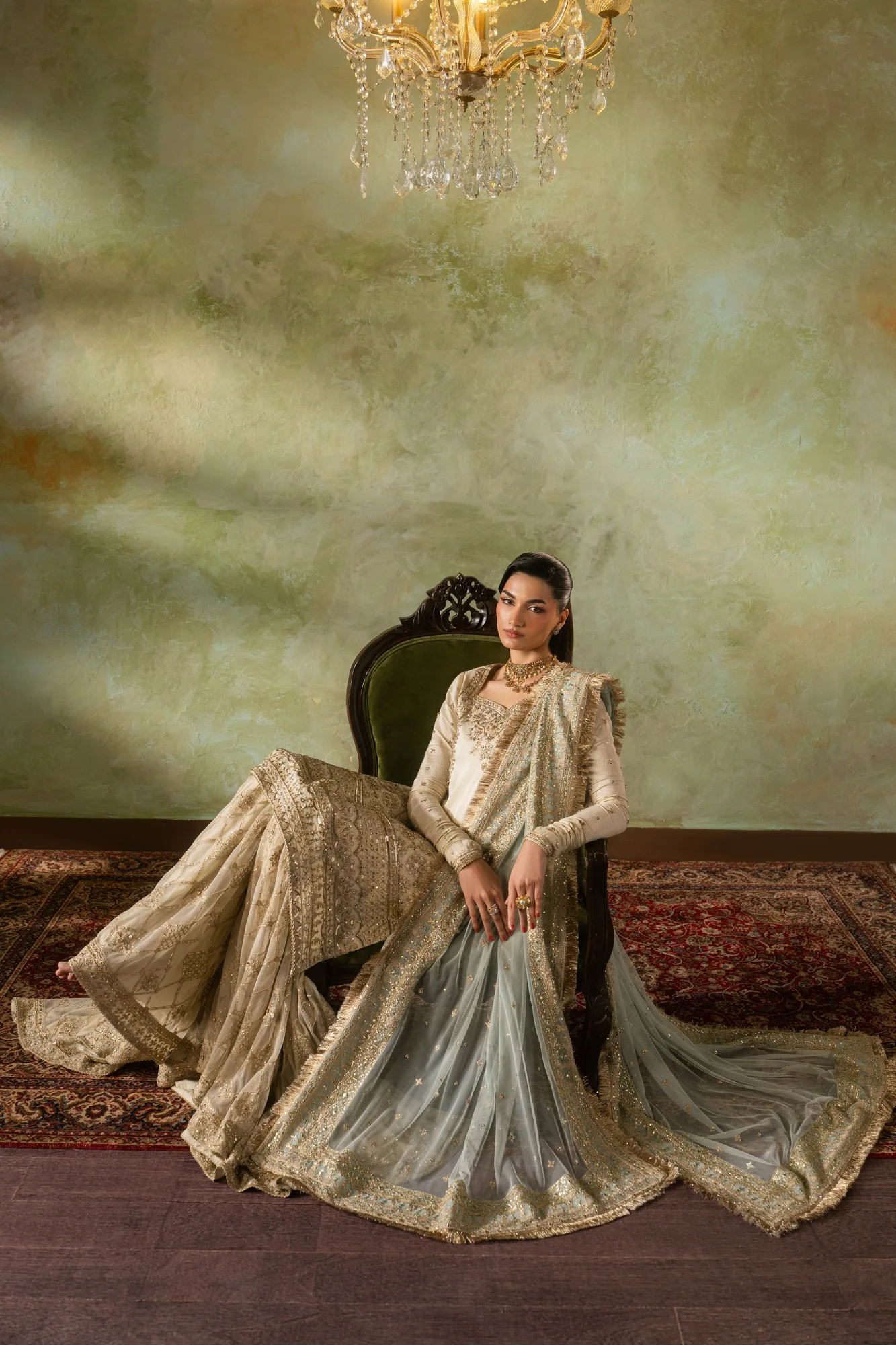 Peach formal three‑piece suit with raw silk shirt and net gharara – view 6 – Poshaq