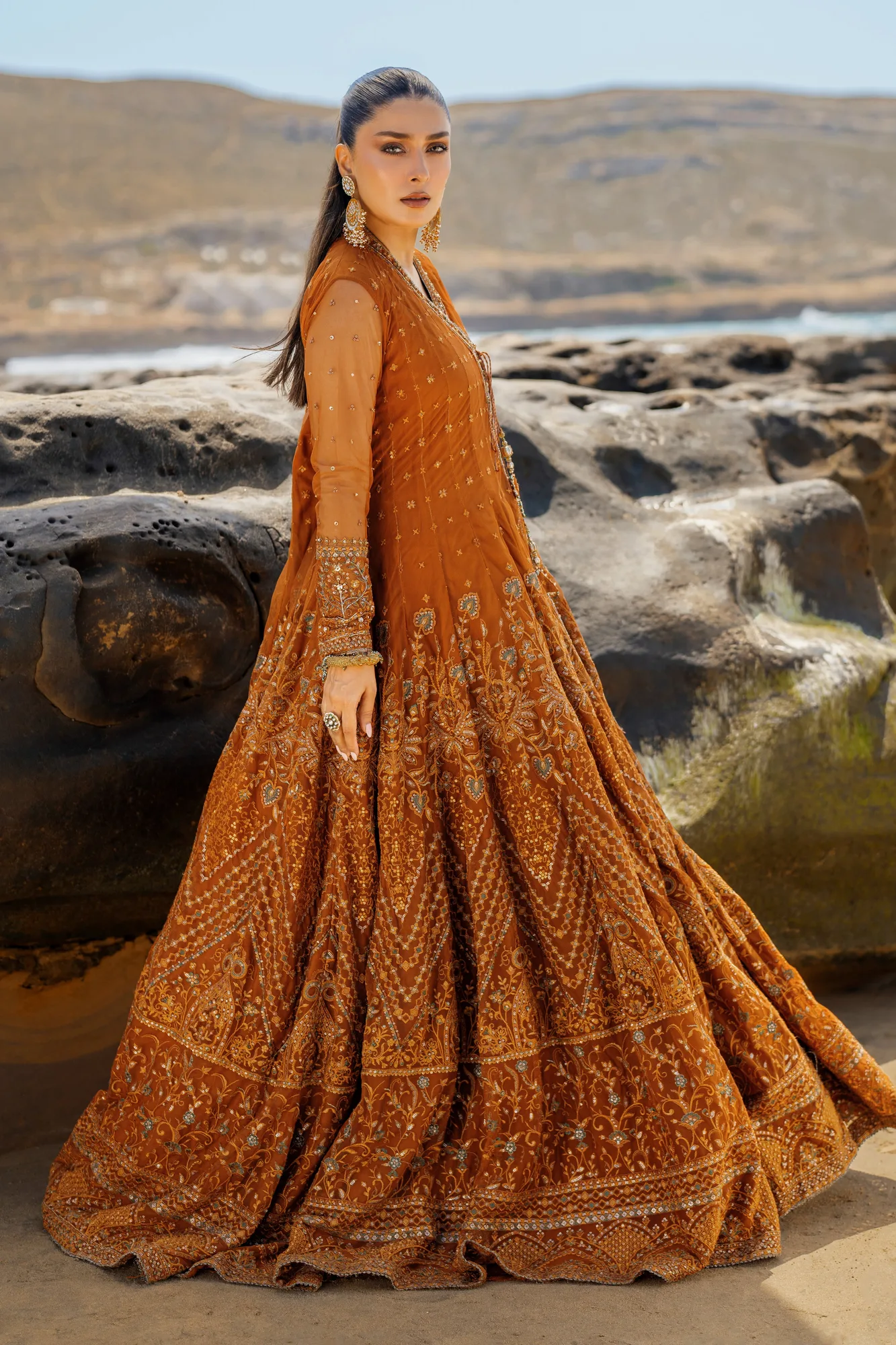 Richly embroidered formal angrakha frock with dupatta and straight trousers – view 1 – Poshaq