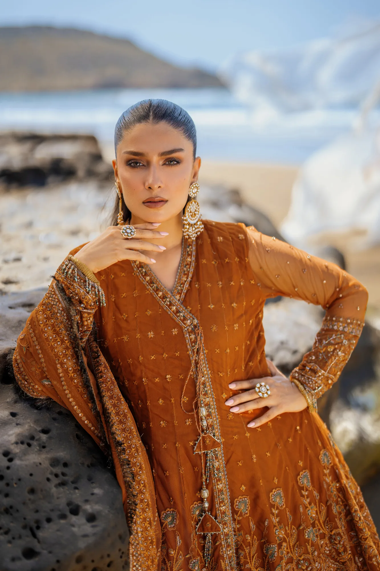 Richly embroidered formal angrakha frock with dupatta and straight trousers – view 2 – Poshaq