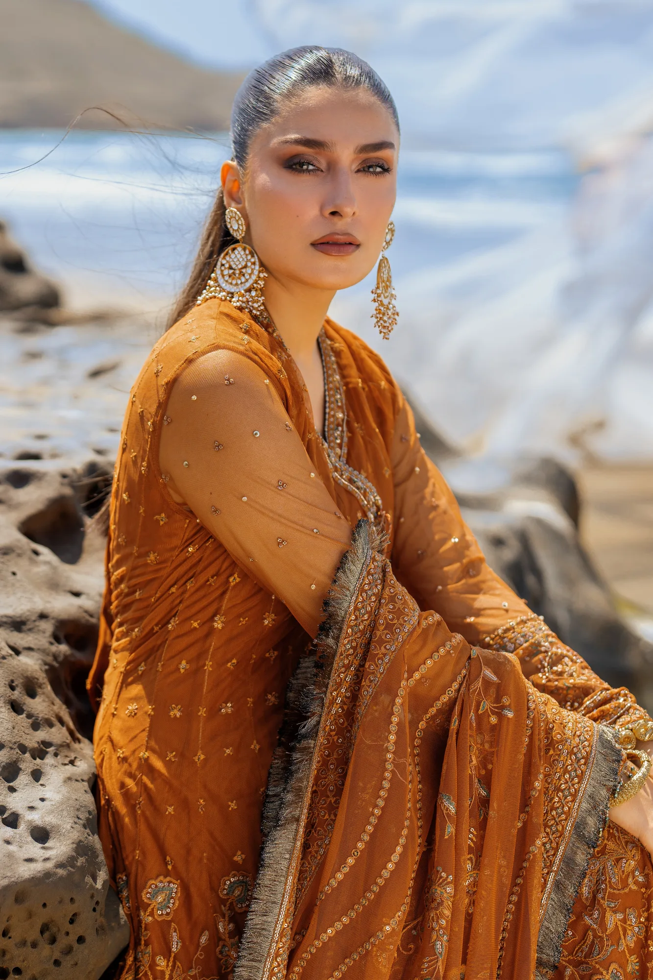 Richly embroidered formal angrakha frock with dupatta and straight trousers – view 3 – Poshaq