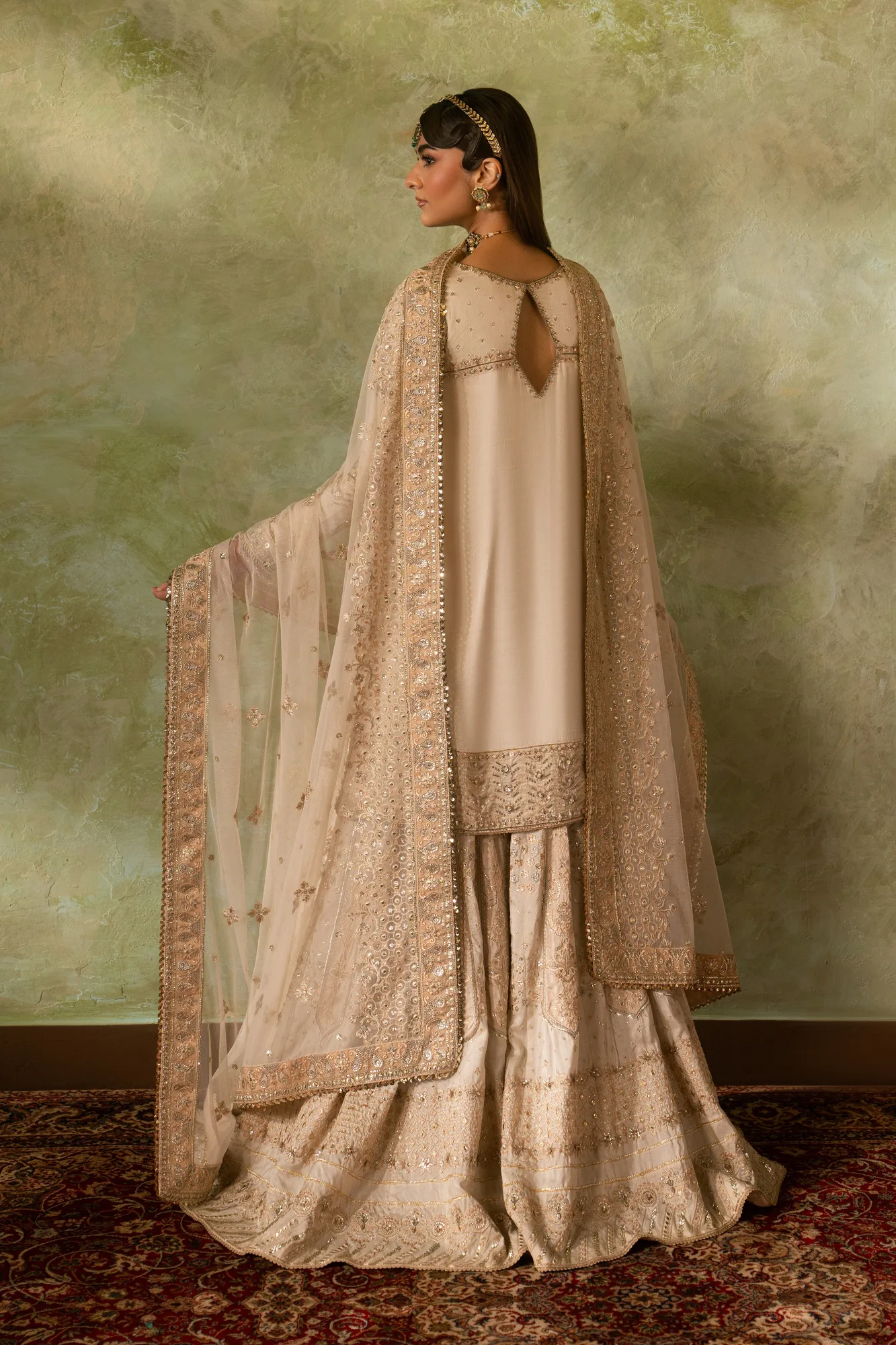 White formal four‑piece suit with raw silk shirt, silk sharara and net dupatta – view 2 – Poshaq