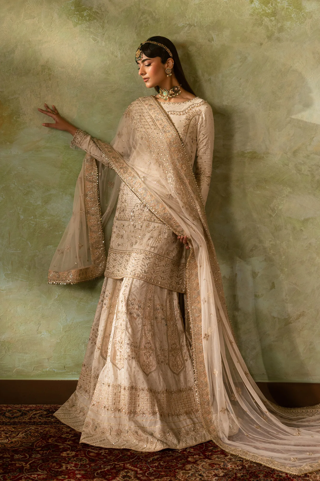 White formal four‑piece suit with raw silk shirt, silk sharara and net dupatta – view 3 – Poshaq