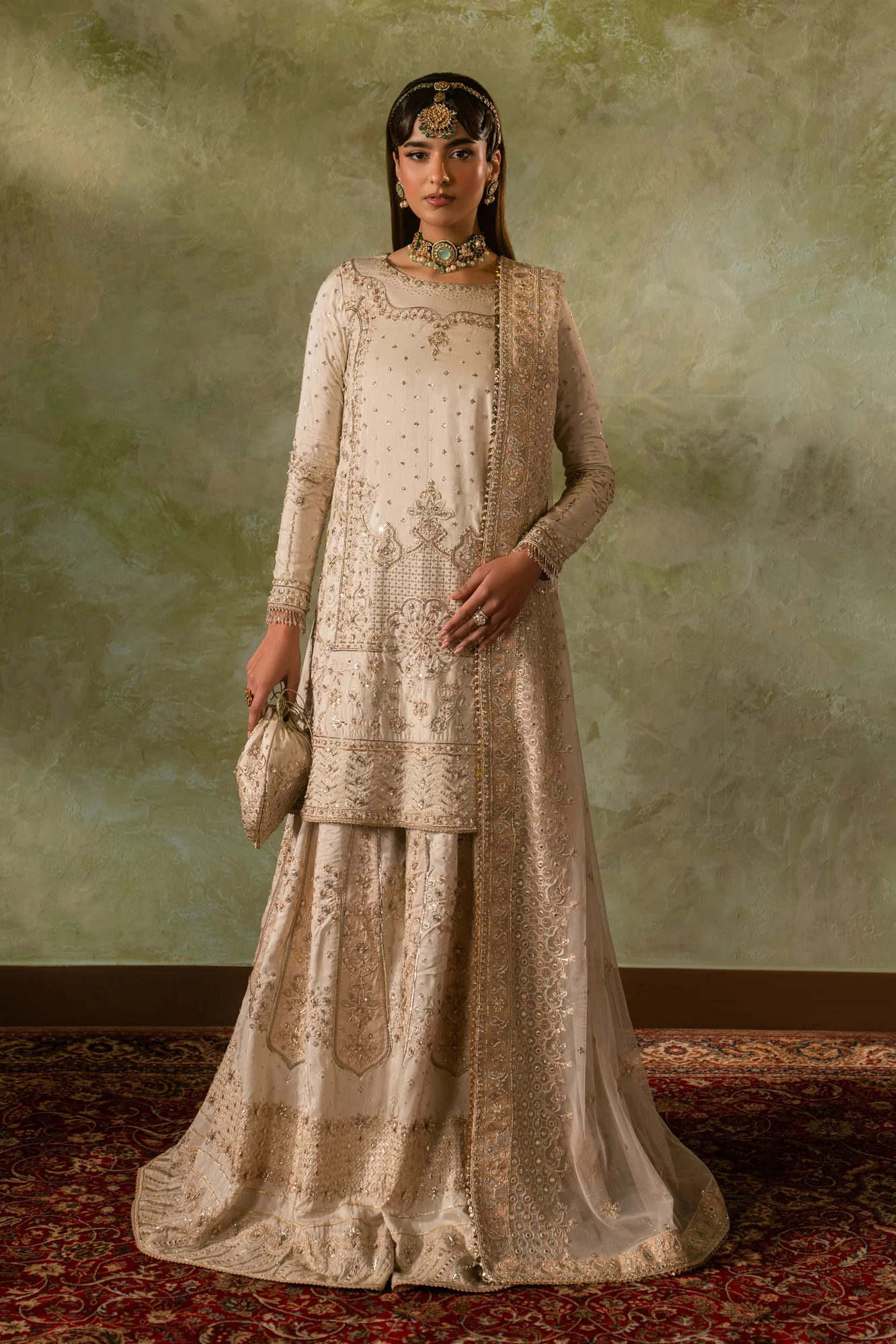 White formal four‑piece suit with raw silk shirt, silk sharara and net dupatta – view 4 – Poshaq