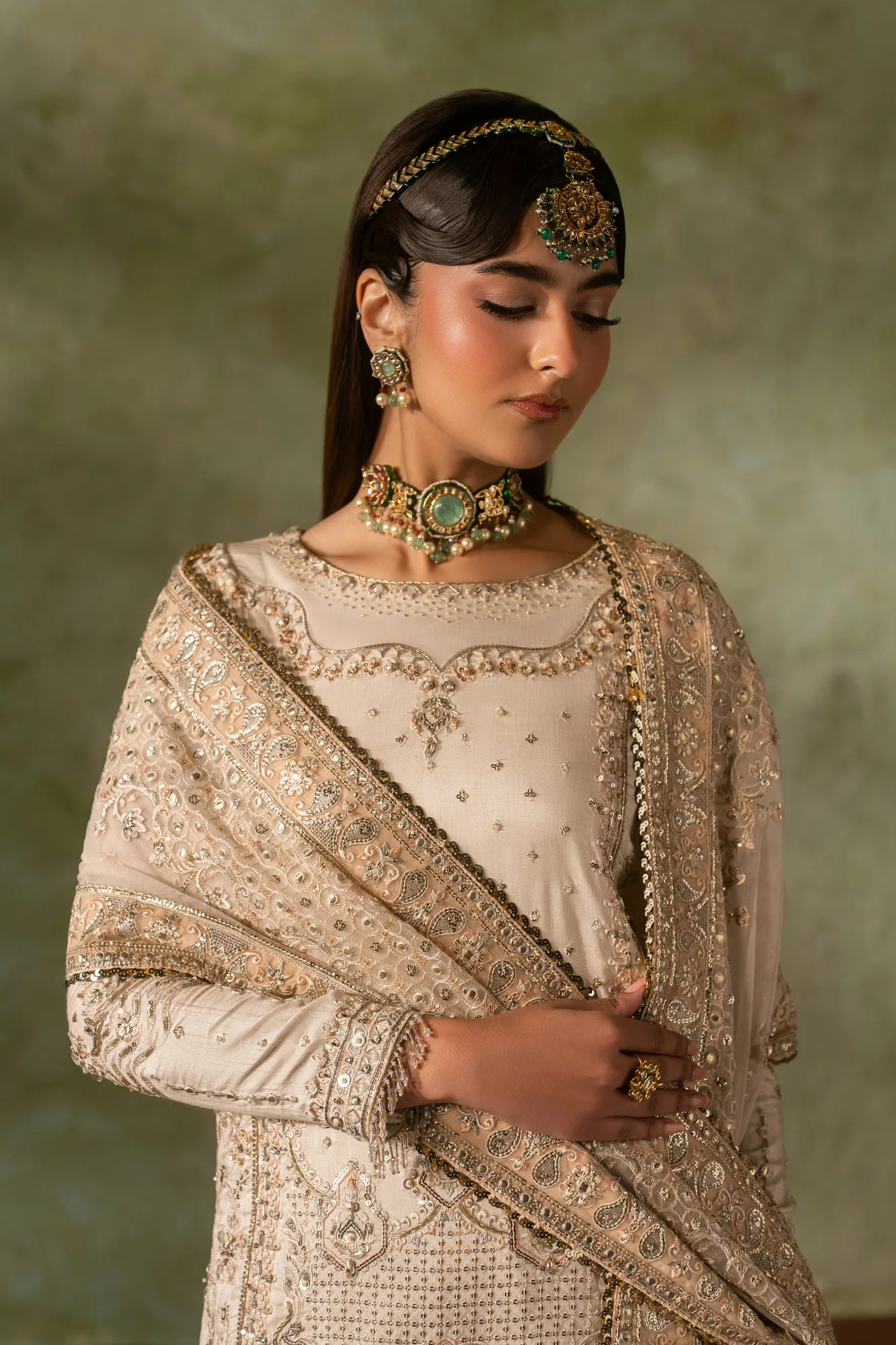 White formal four‑piece suit with raw silk shirt, silk sharara and net dupatta – view 5 – Poshaq