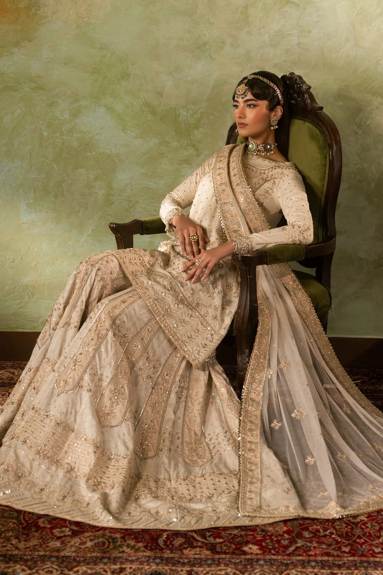 White formal four‑piece suit with raw silk shirt, silk sharara and net dupatta – view 6 – Poshaq