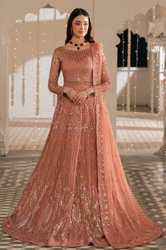 Peach net three‑piece formal suit with embroidered details – view 1 – Poshaq