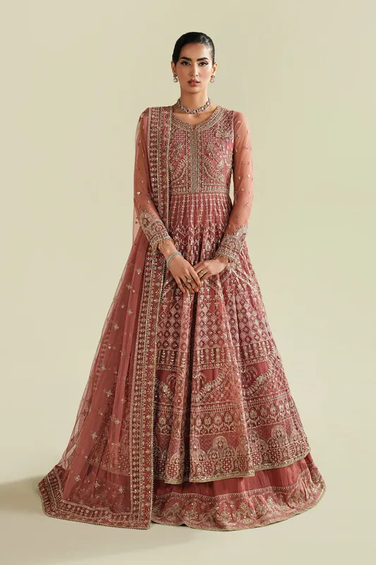 Embroidered frock with dupatta and straight pants featuring crystal and sequin detailing – view 1 – Poshaq