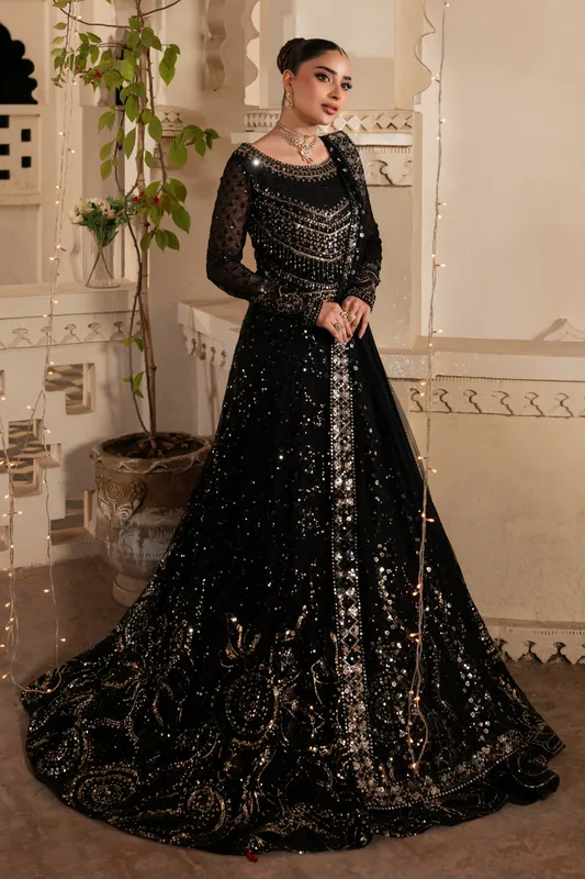 Black net formal three‑piece suit with embroidered dupatta – view 1 – Poshaq