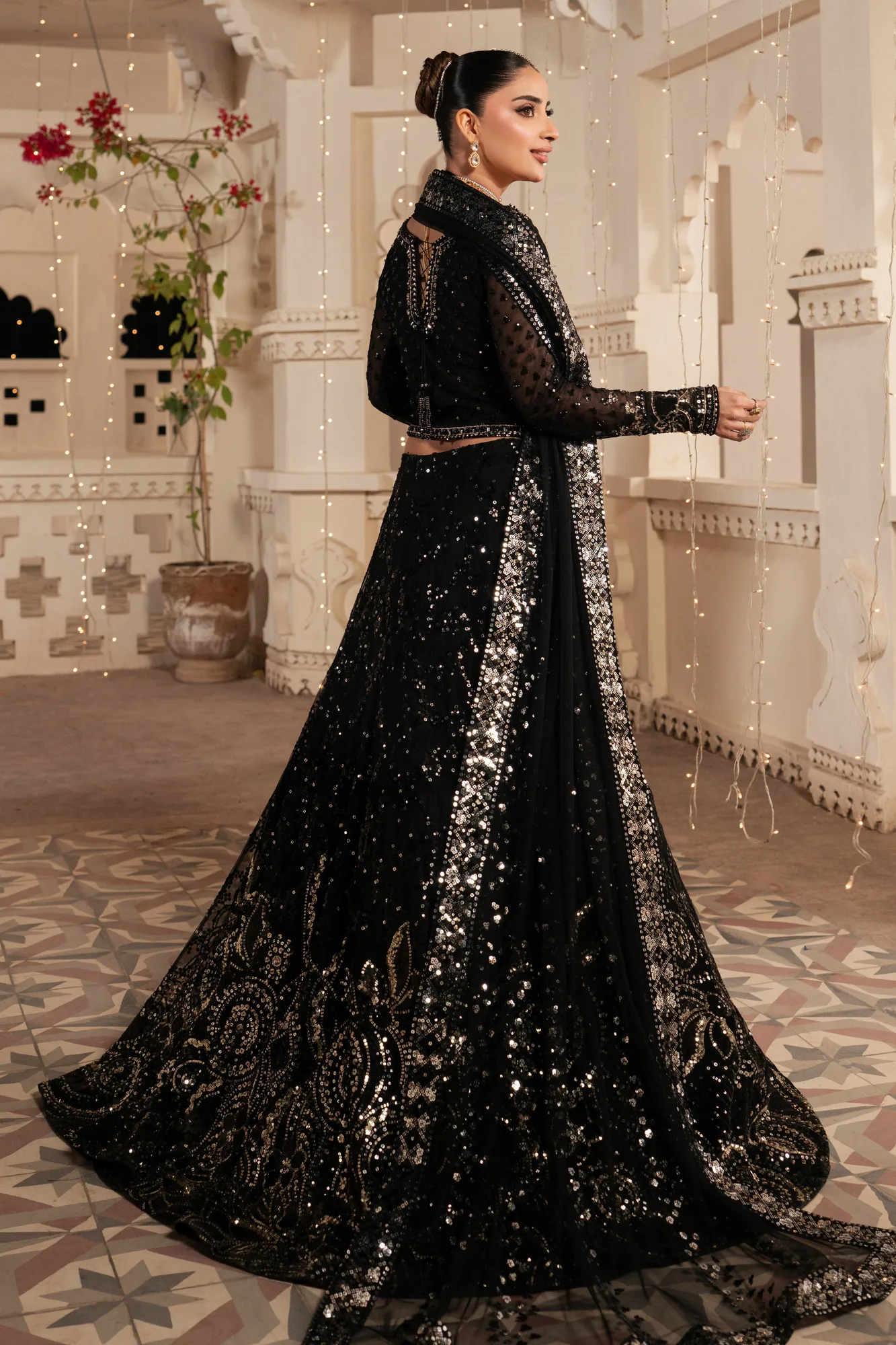 Black net formal three‑piece suit with embroidered dupatta – view 2 – Poshaq