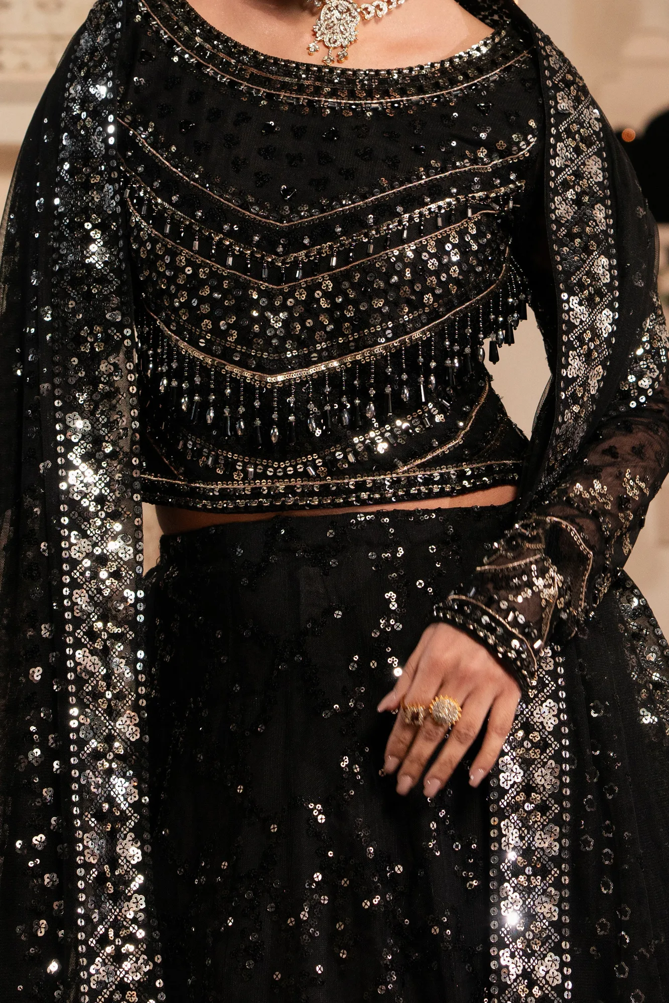 Black net formal three‑piece suit with embroidered dupatta – view 3 – Poshaq