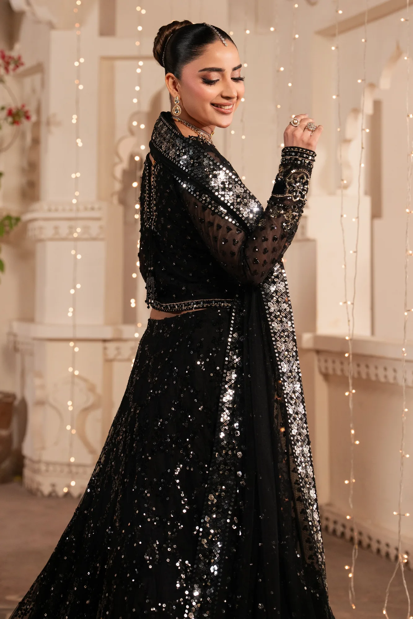 Black net formal three‑piece suit with embroidered dupatta – view 4 – Poshaq