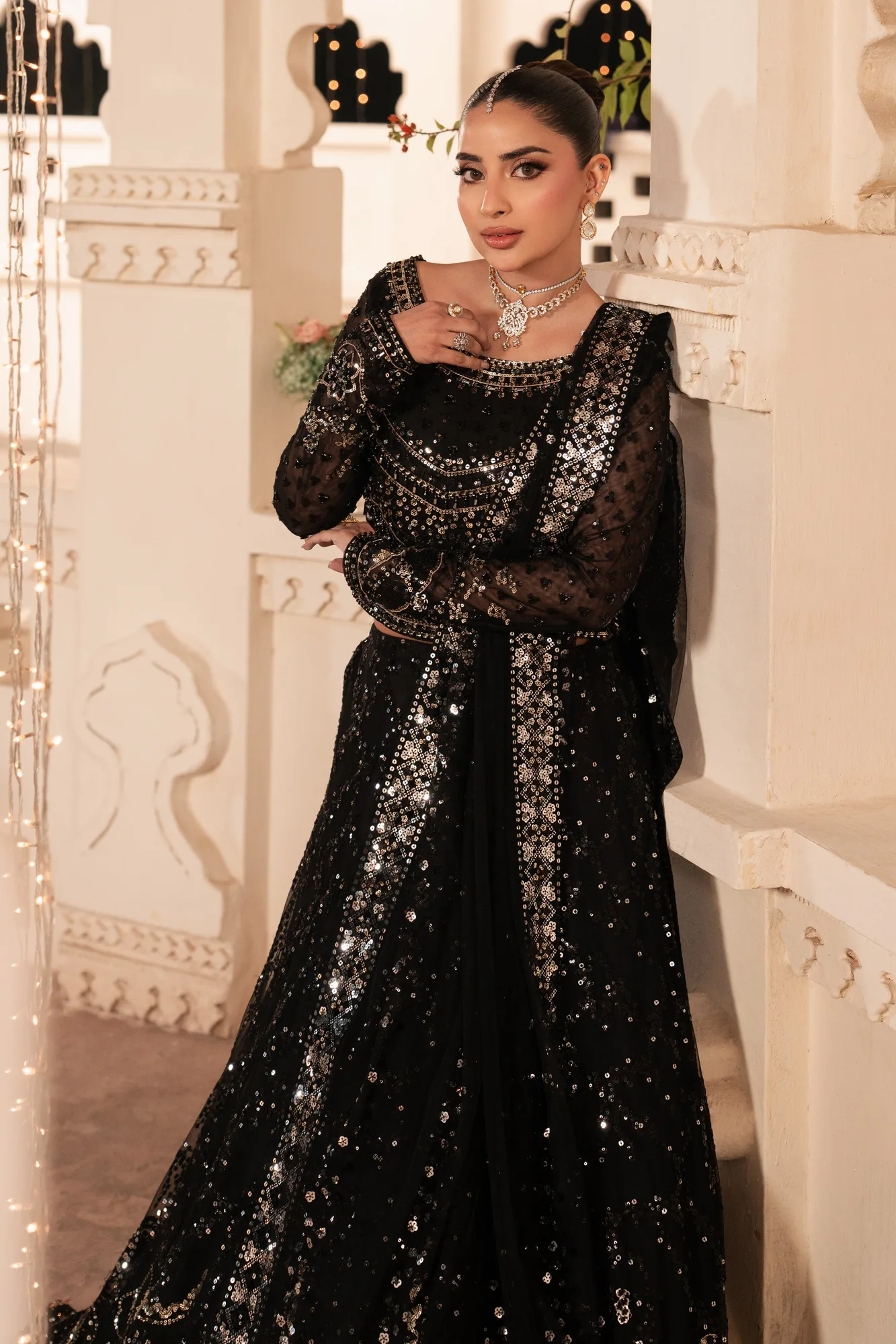 Black net formal three‑piece suit with embroidered dupatta – view 5 – Poshaq