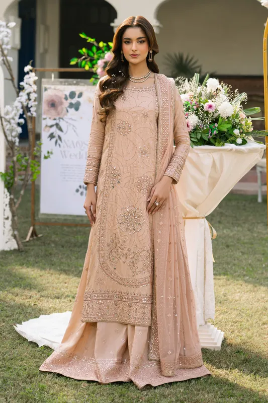 Peach raw silk shirt with wide sharara and net dupatta – view 1 – Poshaq
