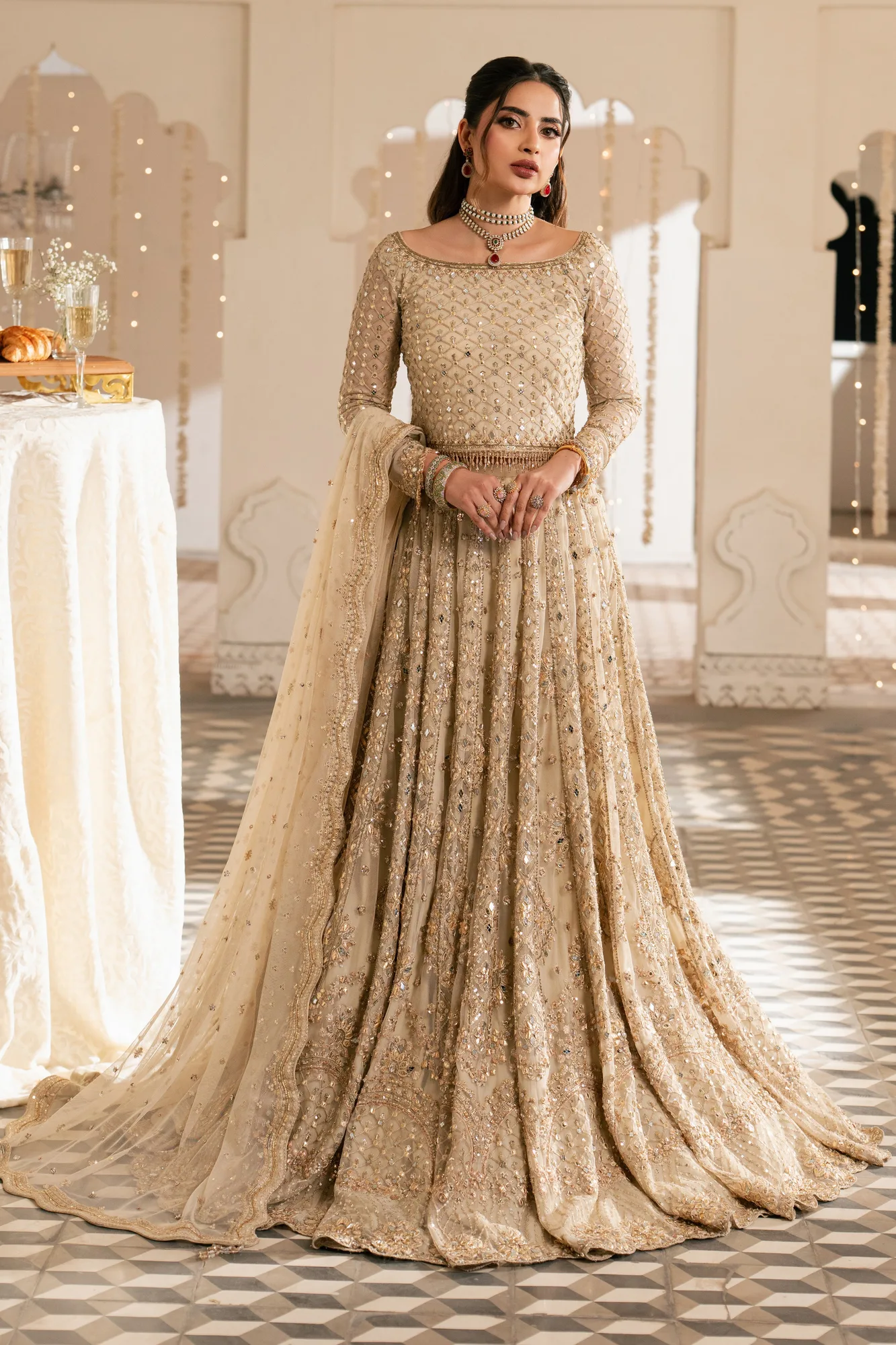 Beige net 3‑piece formal outfit with embroidered blouse and dupatta – view 1 – Poshaq