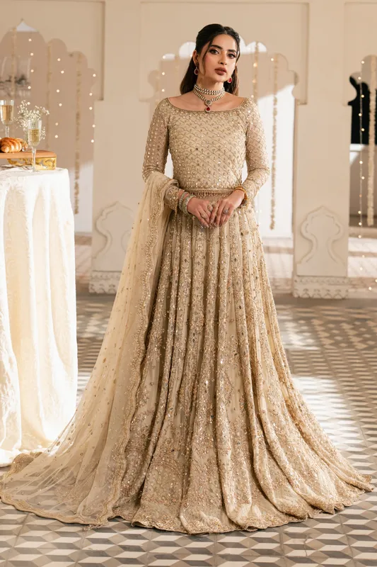 Beige net 3‑piece formal outfit with embroidered blouse and dupatta – view 1 – Poshaq