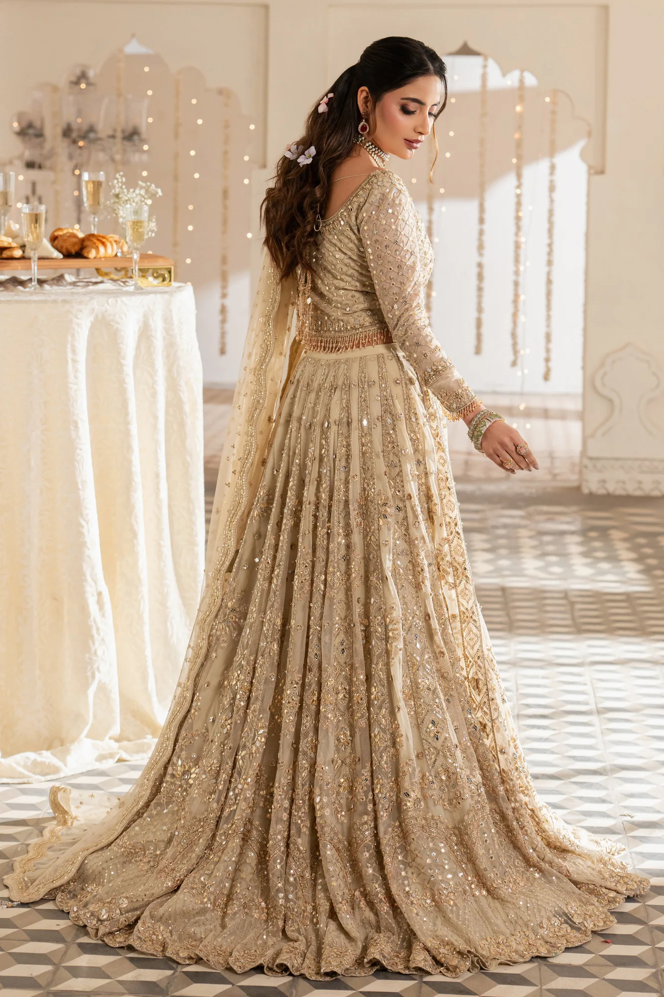 Beige net 3‑piece formal outfit with embroidered blouse and dupatta – view 2 – Poshaq