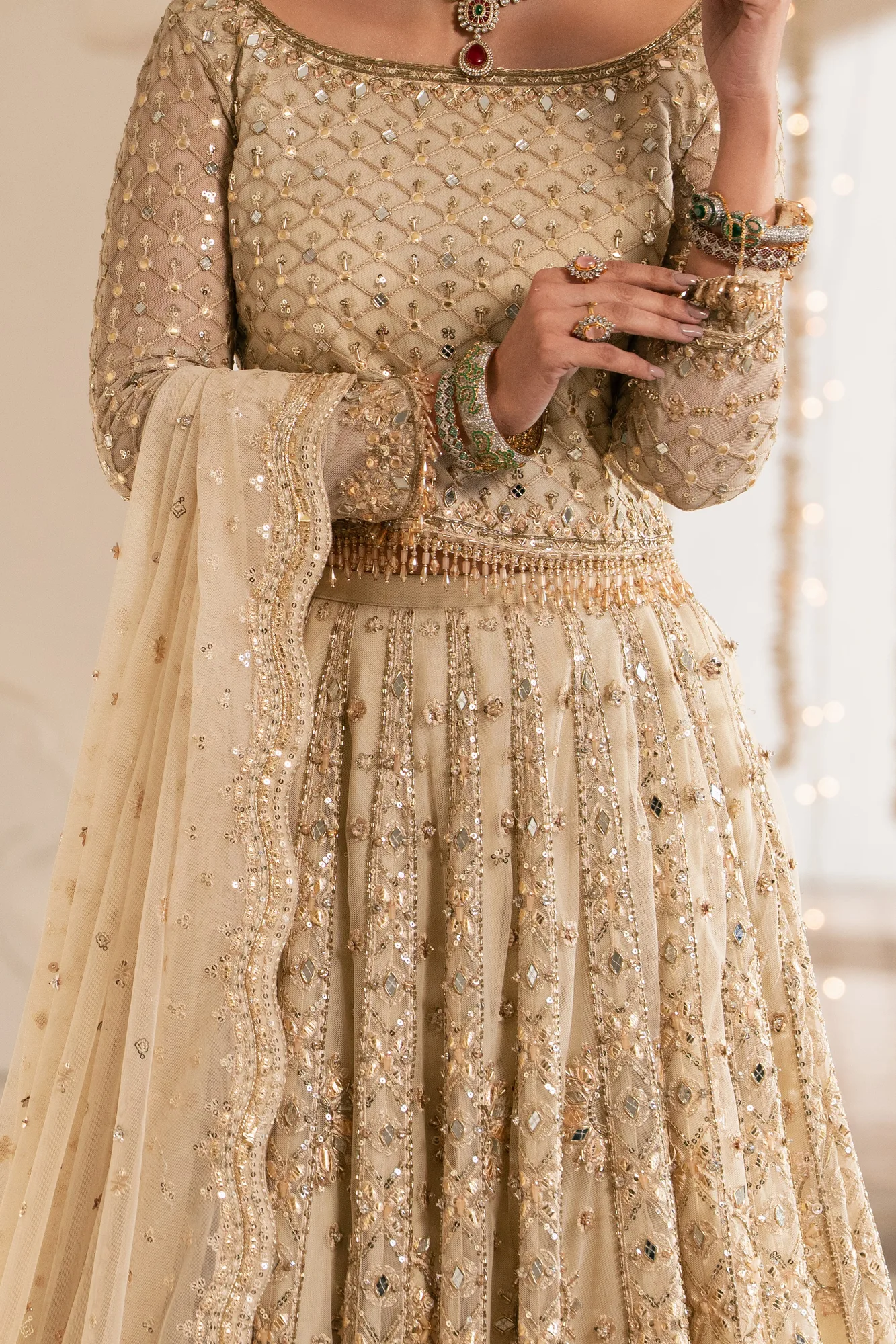 Beige net 3‑piece formal outfit with embroidered blouse and dupatta – view 3 – Poshaq