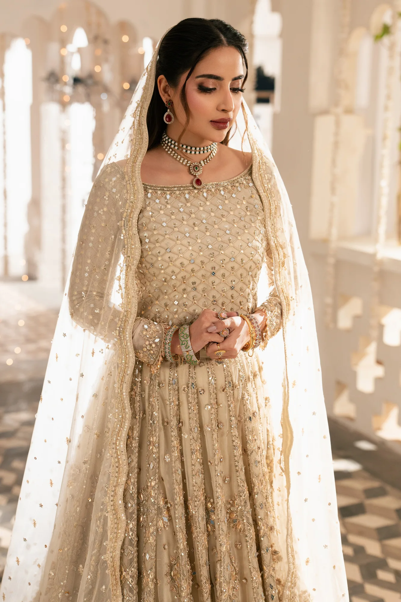 Beige net 3‑piece formal outfit with embroidered blouse and dupatta – view 4 – Poshaq