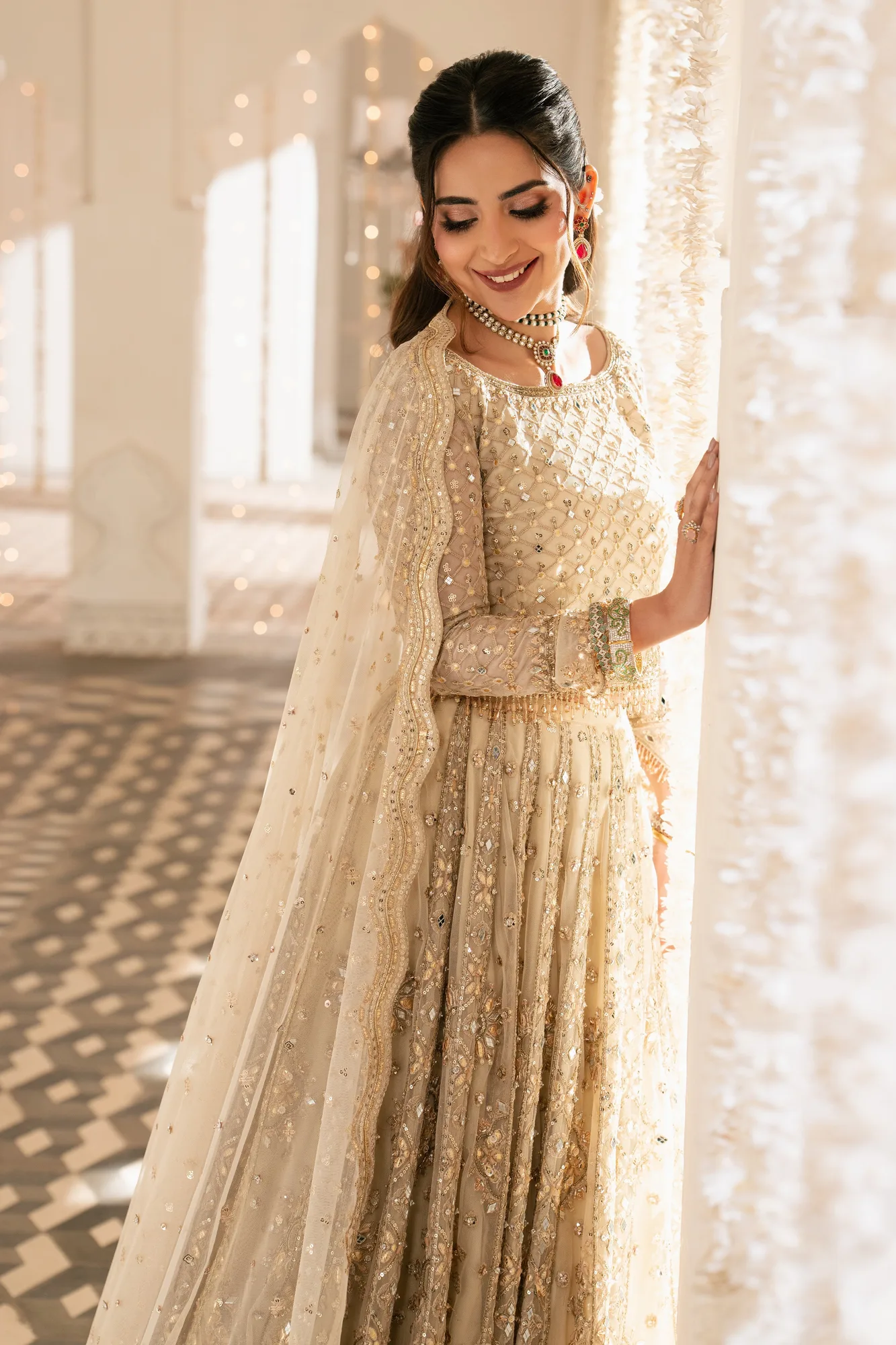 Beige net 3‑piece formal outfit with embroidered blouse and dupatta – view 5 – Poshaq