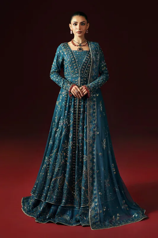 raw silk chiffon formal outfit with subtle naqshi detailing – view 1 – Poshaq