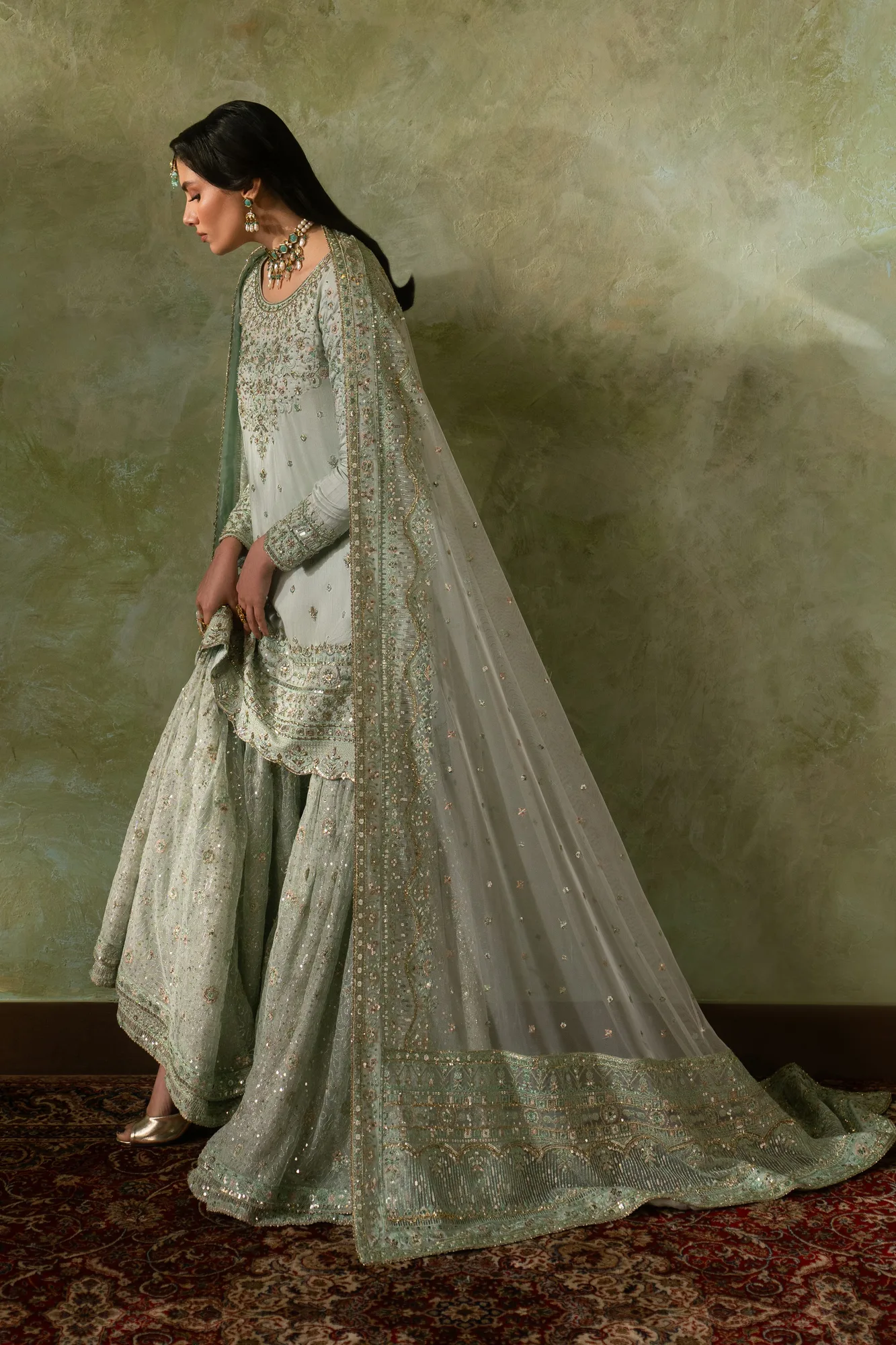 raw silk shirt with net sharara and dupatta in neutral tone – view 2 – Poshaq