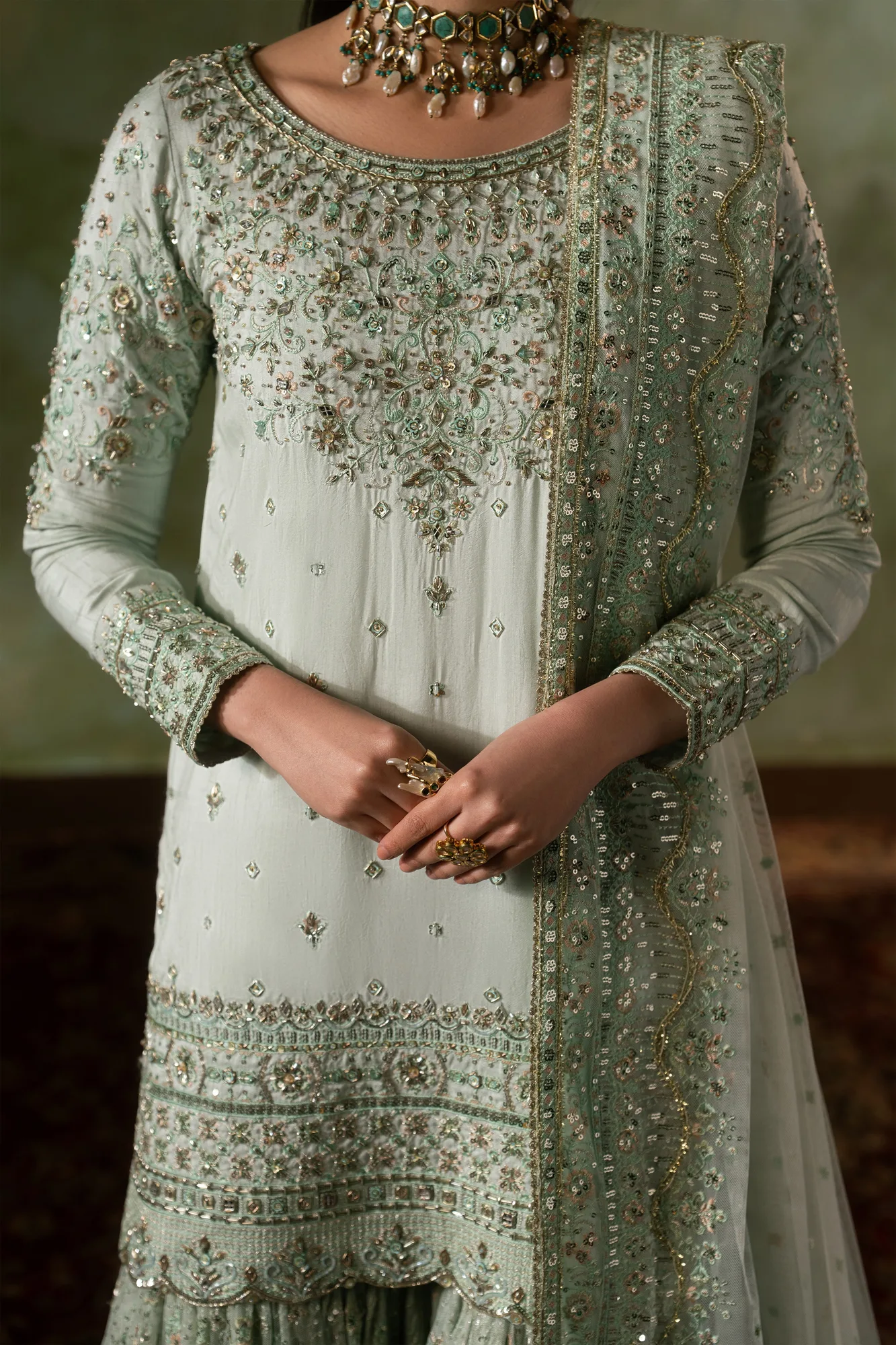 raw silk shirt with net sharara and dupatta in neutral tone – view 3 – Poshaq