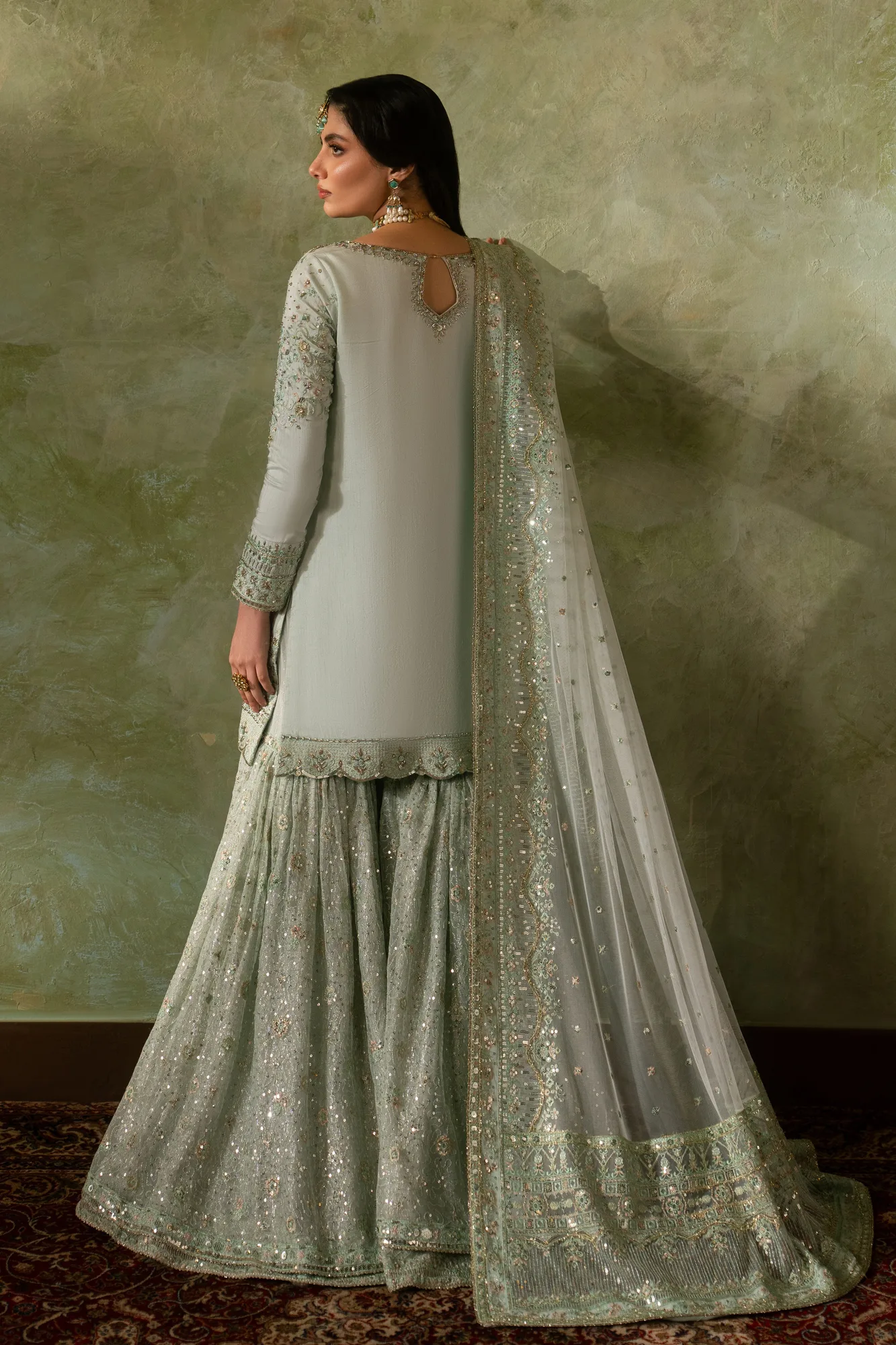 raw silk shirt with net sharara and dupatta in neutral tone – view 4 – Poshaq