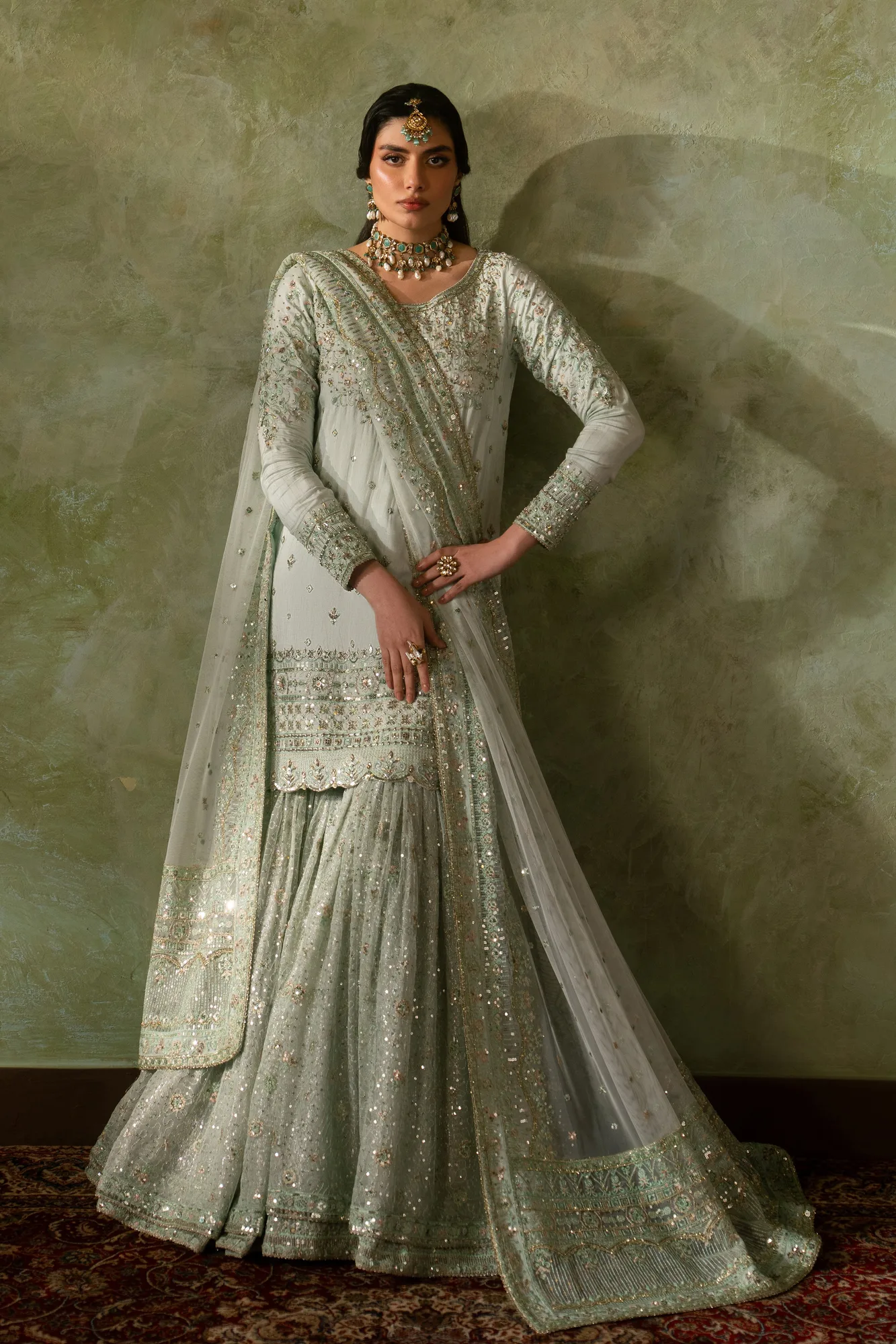 raw silk shirt with net sharara and dupatta in neutral tone – view 5 – Poshaq