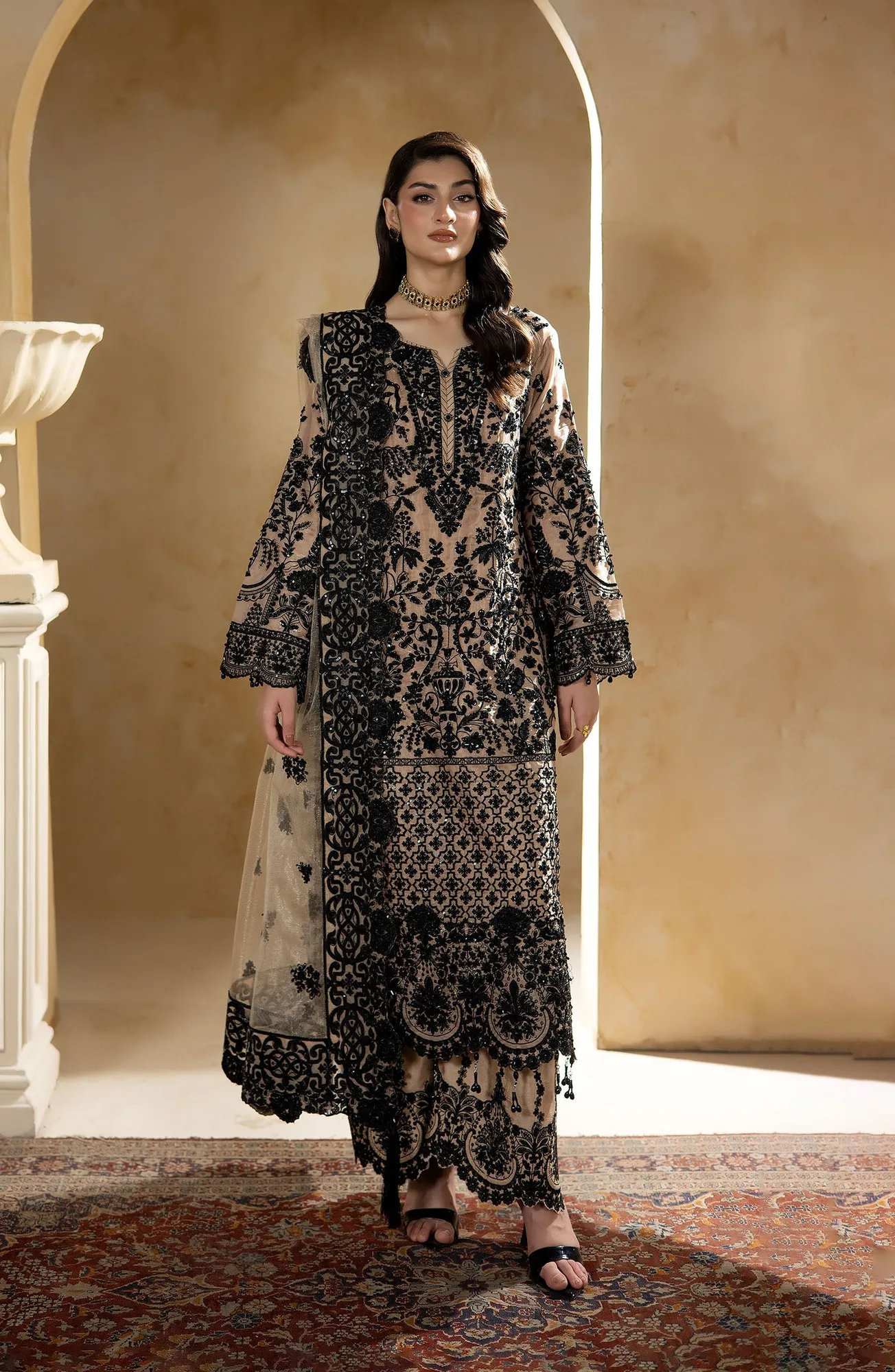 Raw silk shirt, silk trousers and net dupatta in a formal set – view 1 – Poshaq