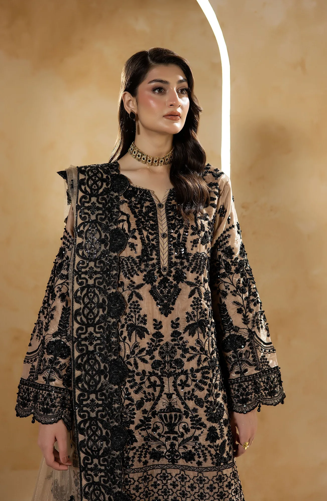 Raw silk shirt, silk trousers and net dupatta in a formal set – view 2 – Poshaq