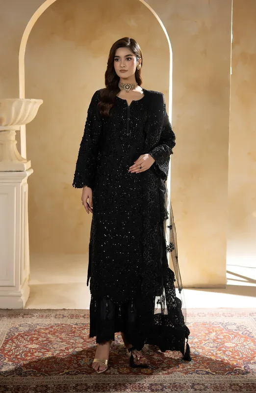 Celeste raw silk and net three‑piece set with embroidered details – view 1 – Poshaq