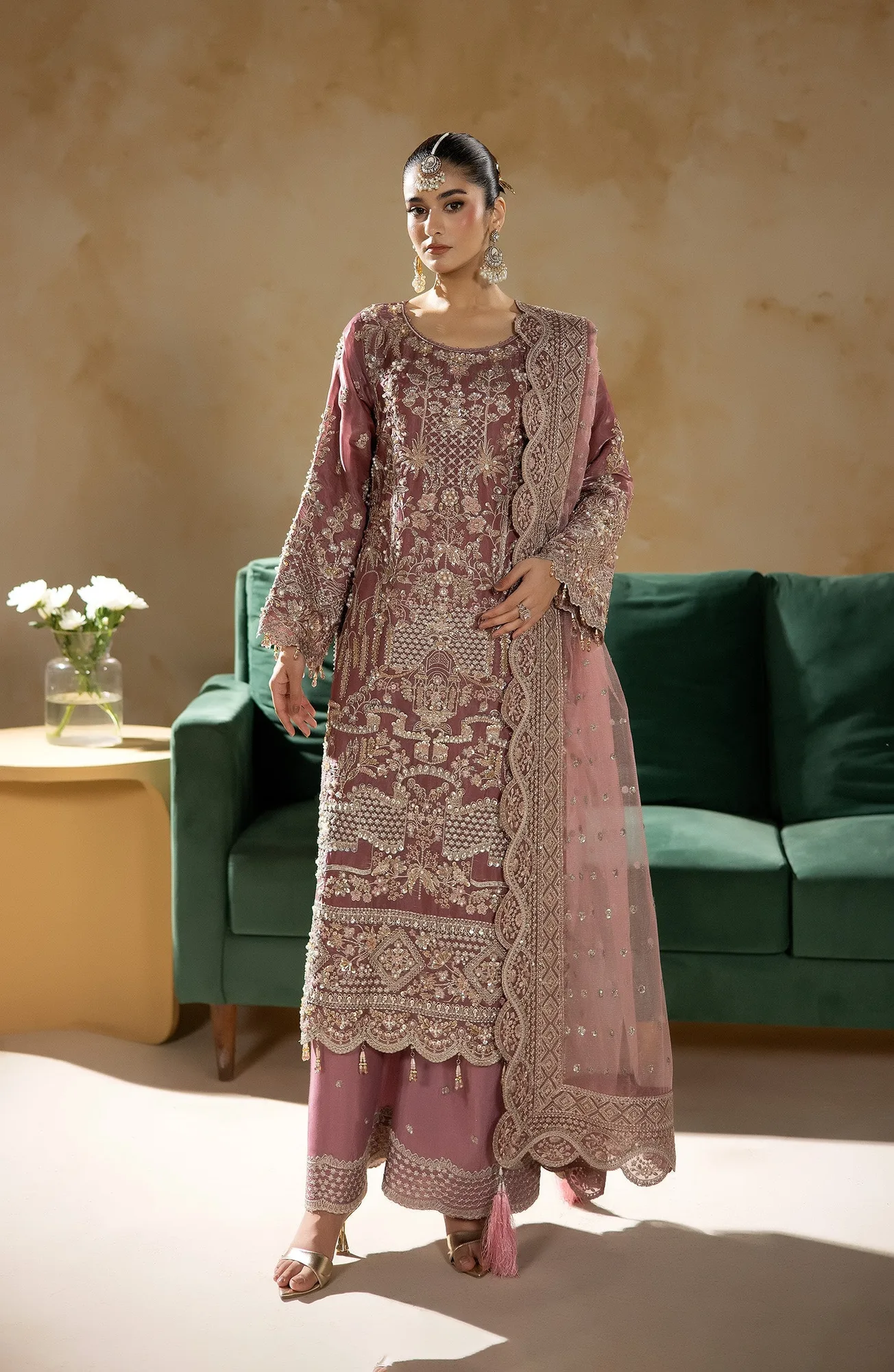 Raw silk shirt, trousers and net dupatta in elegant formal set – view 1 – Poshaq