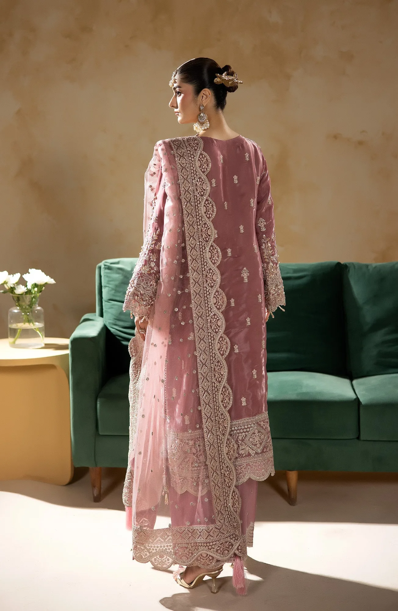 Raw silk shirt, trousers and net dupatta in elegant formal set – view 3 – Poshaq