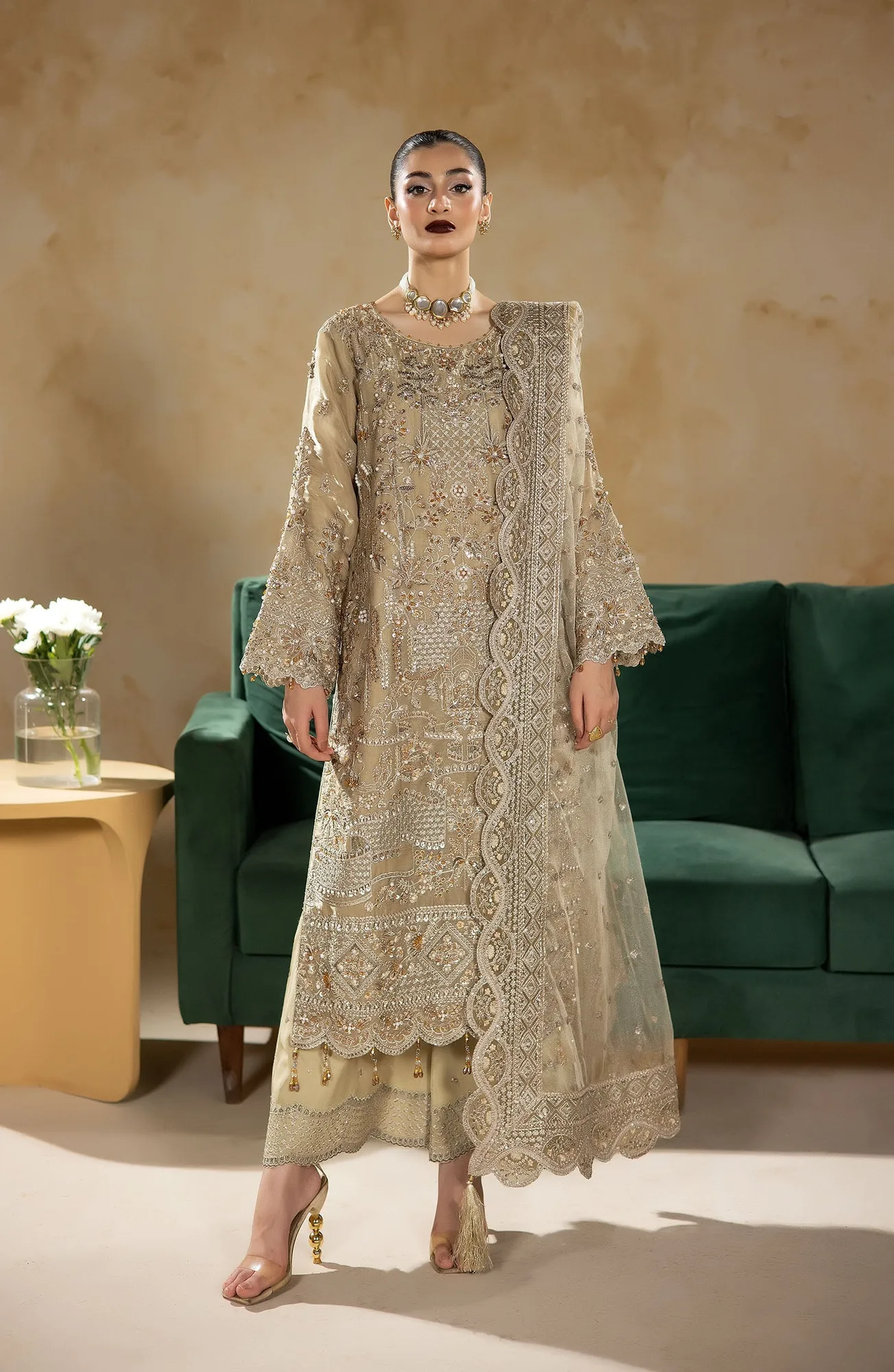 Raw silk and net three‑piece ensemble with elegant silhouette – view 1 – Poshaq